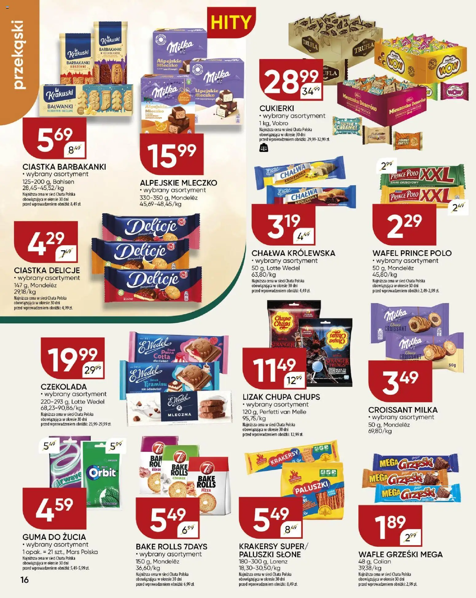 Chata Polska Gazetka od 18.12.2025 | Strona: 16 | Produkty: Lizak Chupa Chups, Prince polo xxl, Milka, Krakersy