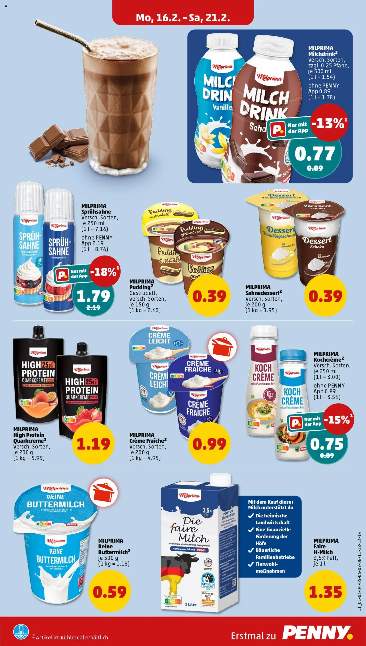 Penny Prospekt 	 – gültig ab 16.02.2026 | Seite: 13 | Produkte: Buttermilch, Pudding, Creme, Sahne