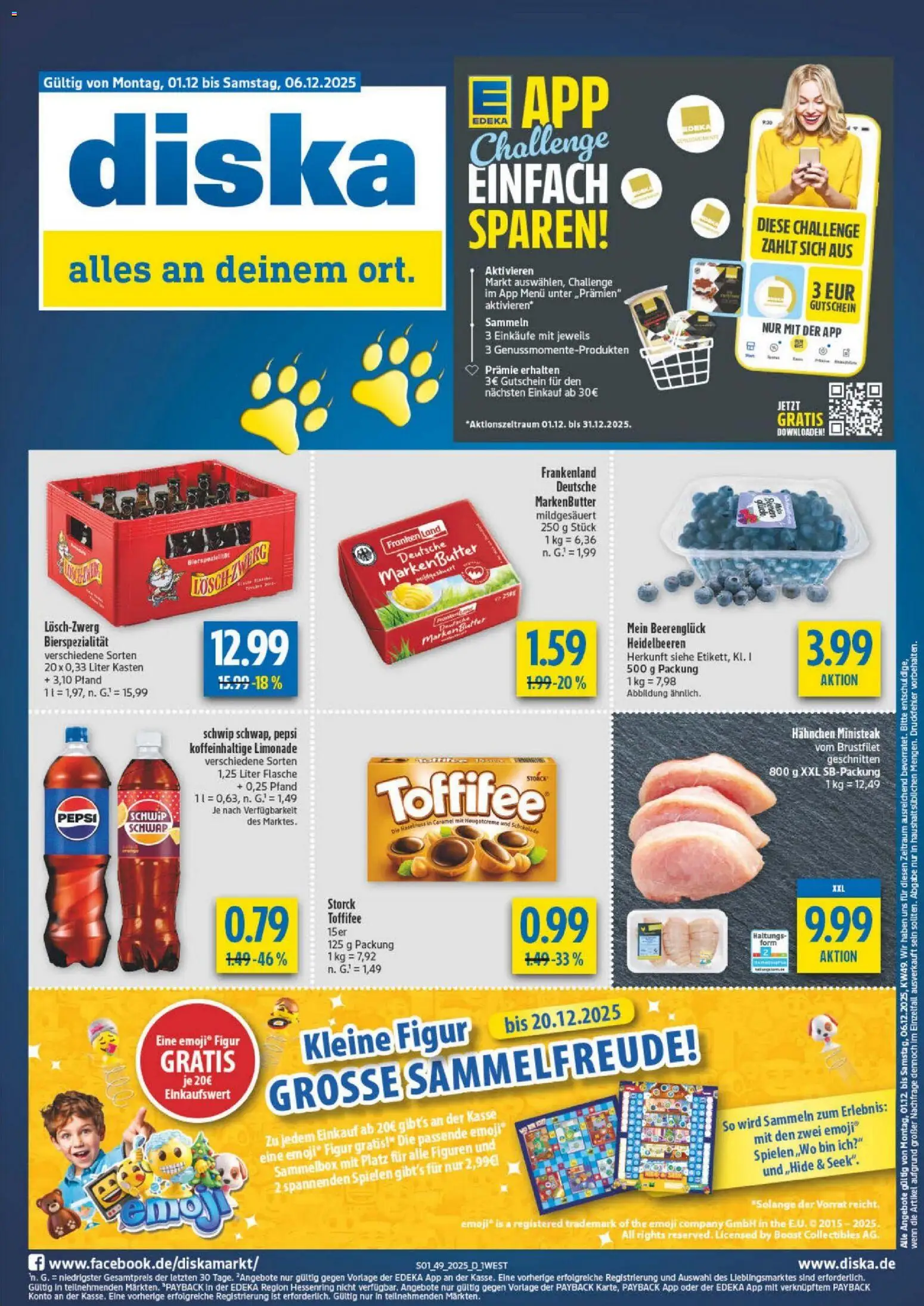 Diska - Diska Angebote Bayern KW49 – gültig ab 01.12.2025 | Seite: 1 | Produkte: Hahnchen, Butter, Heidelbeeren, Toffifee