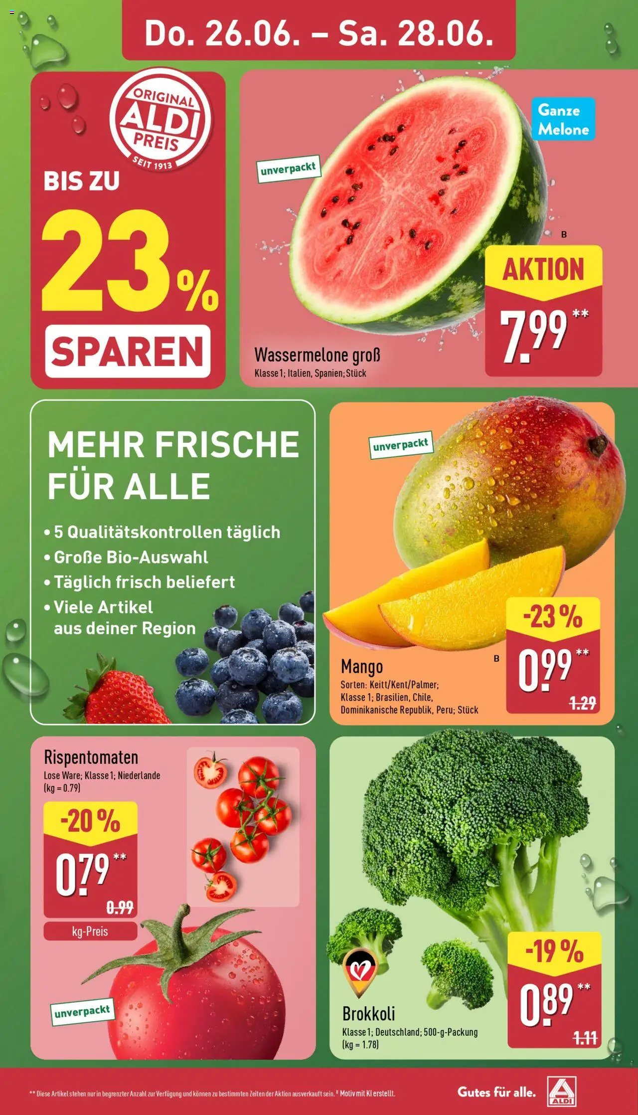 Aldi Prospekt 	 - gültig ab dem 23.06.2025 | Seite: 3 | Produkte: Brokkoli, Mango, Wassermelone, Melone