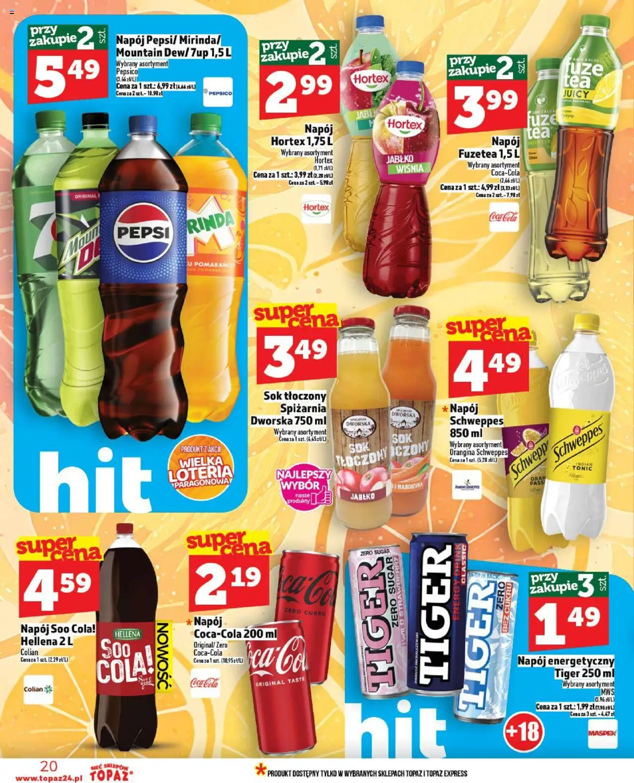 Topaz Gazetka MAZ od 02.10.2025 | Strona: 20 | Produkty: Pepsi, Coca cola, Sok