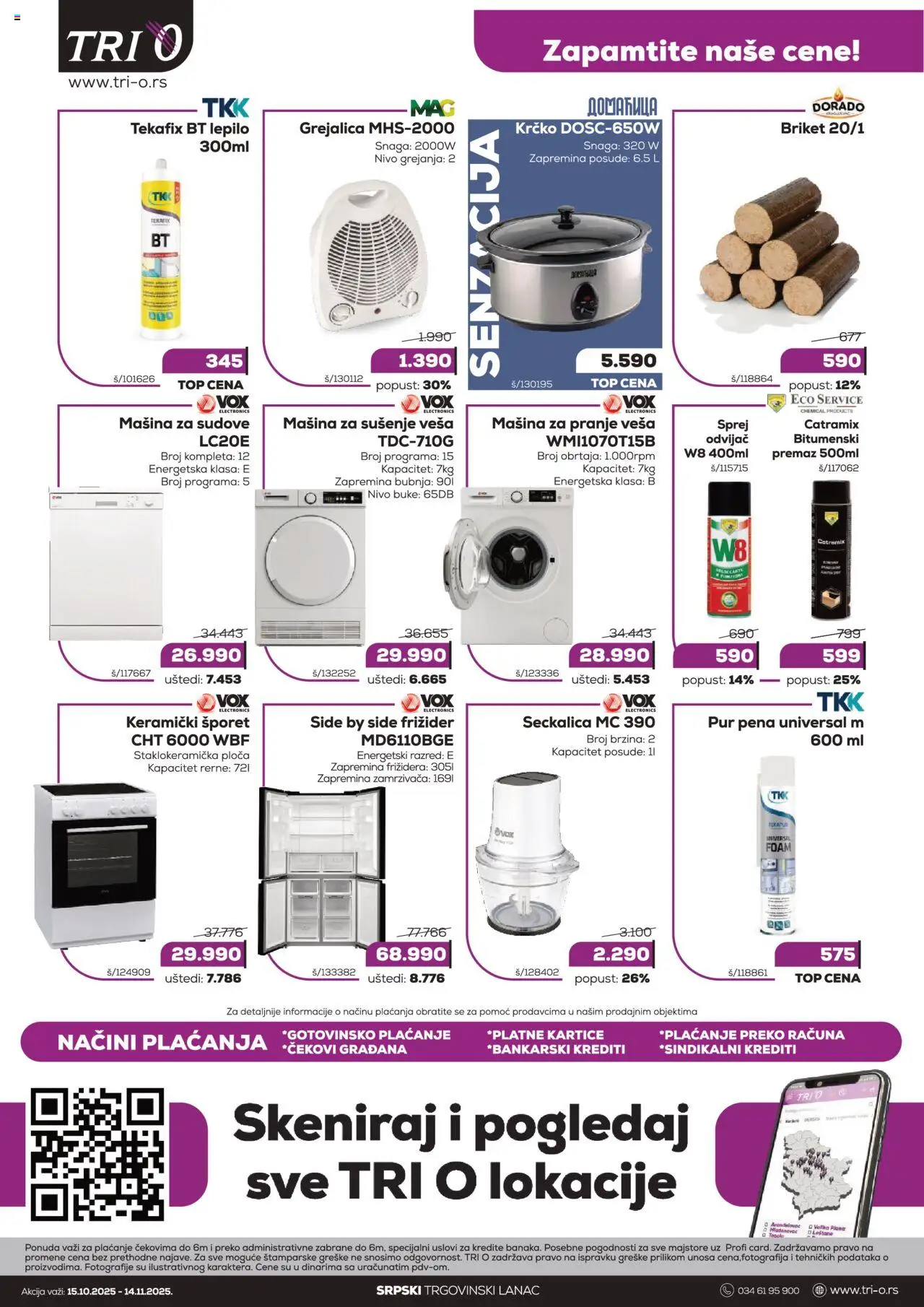 Tri O katalog - važi od 15.10.2025 | Strana: 4 | Proizvode: Briket, Seckalica, Mašina za sušenje veša, Šporet