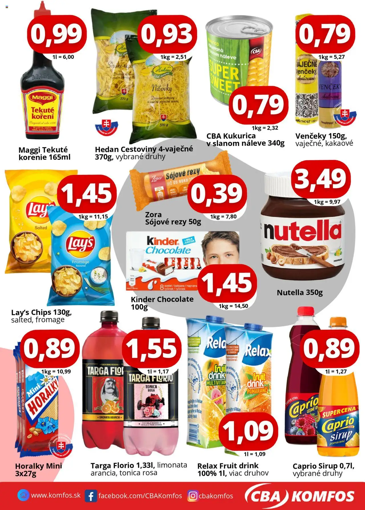Nové CBA Komfos akcie – leták je platný od 01.10.2025 | Strana: 3 | Produkty: Cestoviny, Kinder, Kukurica, Horálky