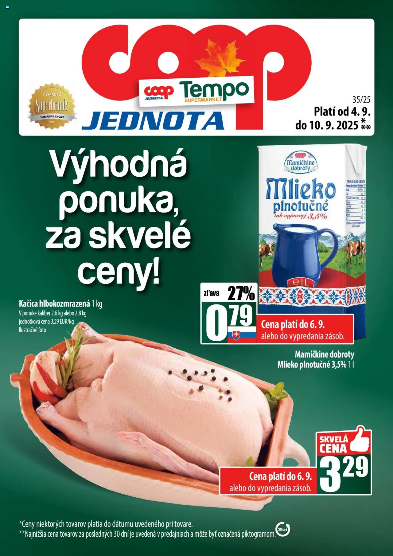 Nové COOP Jednota akcie – leták je platný od 04.09.2025 | Strana: 1 | Produkty: Mlieko, Kačica