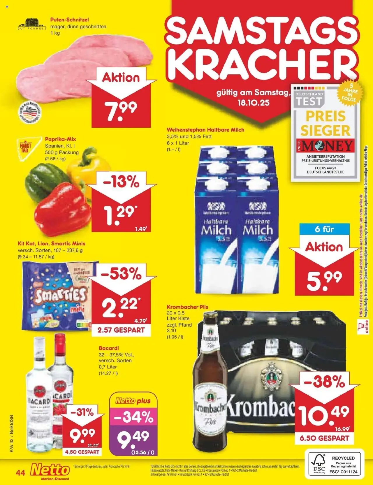 Netto Marken-Discount Prospekt 	 – gültig ab 13.10.2025 | Seite: 50 | Produkte: Bacardi, Milch, Putenschnitzel, Krombacher