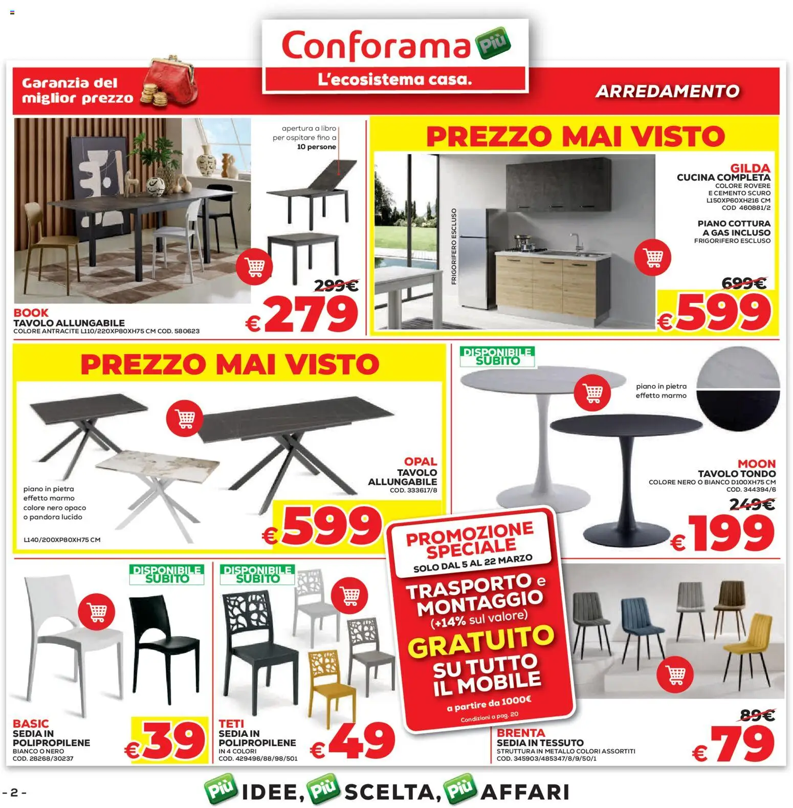 Volantino Conforama del 05.03.2026 | Pagina: 2 | Prodotti: Mobile, Piano cottura, Frigorifero, Sedia