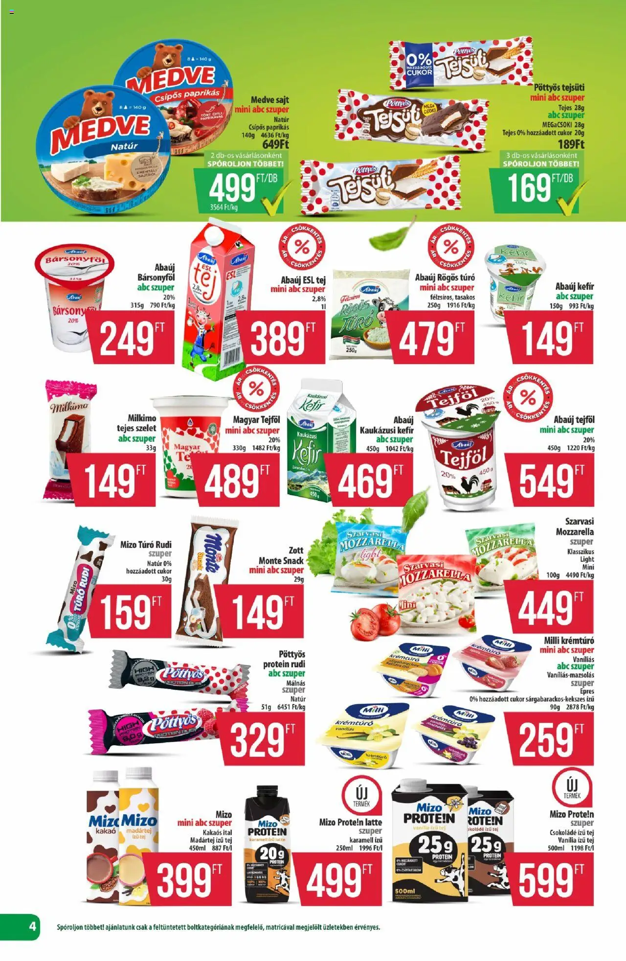 COOP akciós ujság - amely érvényes a következő dátumtól: 24.10.2025 | Oldal: 4 | Termékek: Mozzarella, Túró rudi, Tej, Tejföl