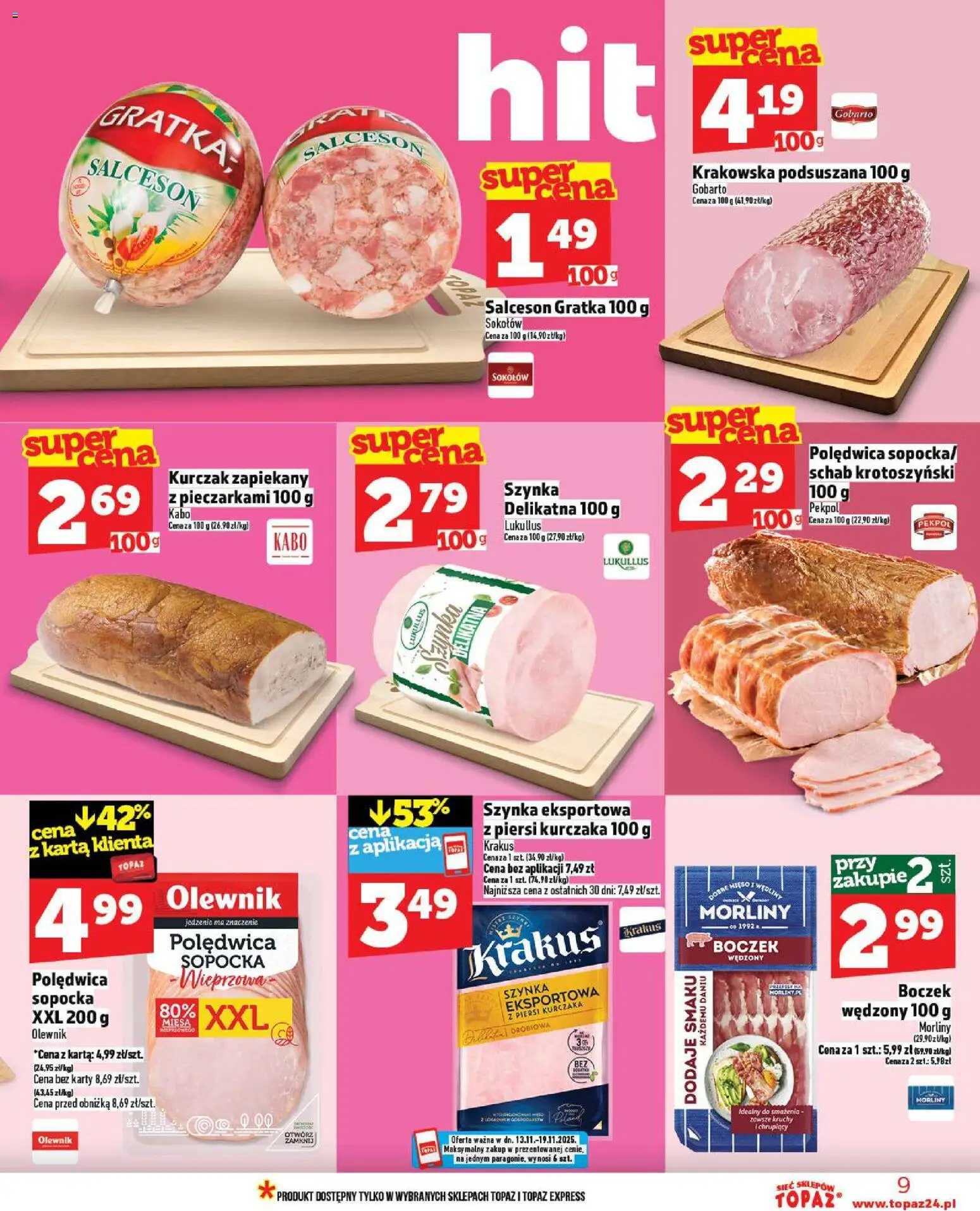 Topaz Gazetka MAZ od 13.11.2025 | Strona: 9 | Produkty: Piersi, Szynka, Boczek wędzony, Boczek