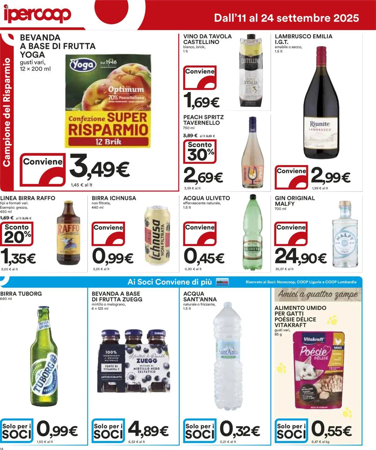 Volantino Ipercoop del 11.09.2025 | Pagina: 14 | Prodotti: Birra, Gin, Acqua, Frutta