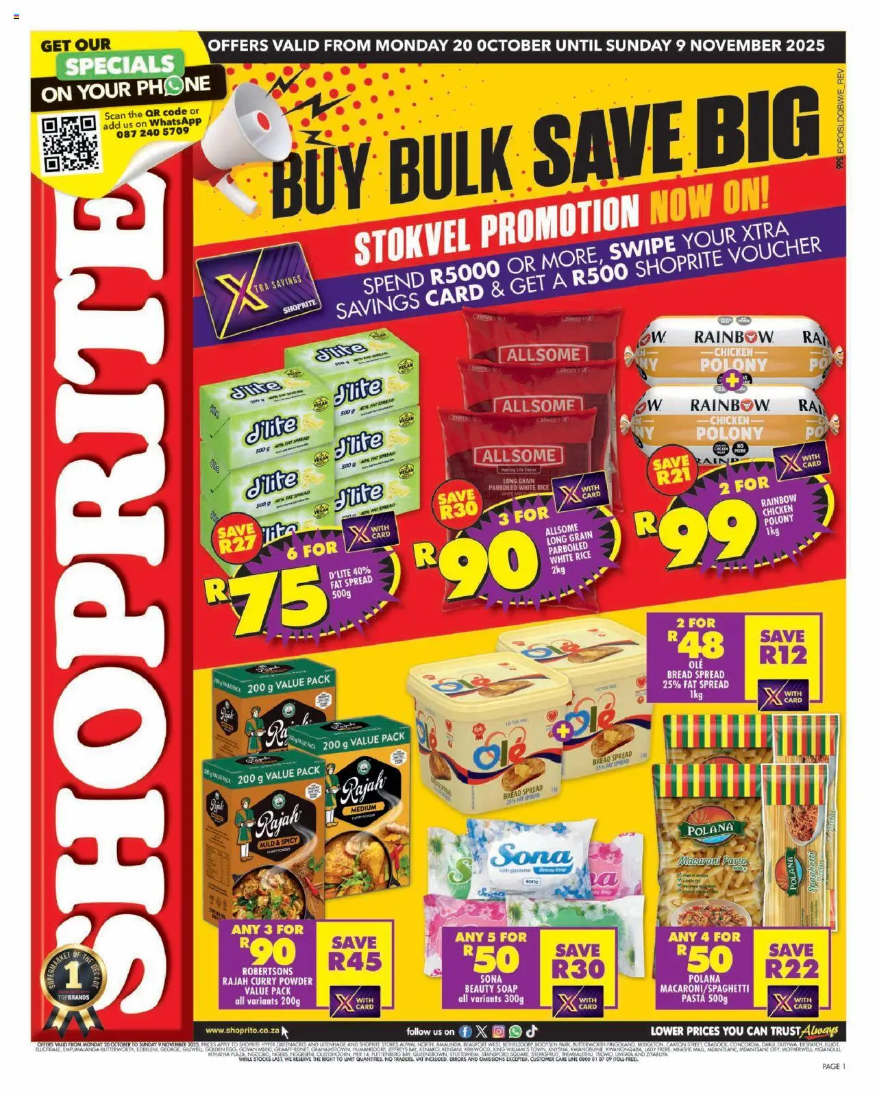 New Shoprite catalogue – valid from 20.10.2025 | Page: 1 | Products: Phone, Polony, Pasta, Soap