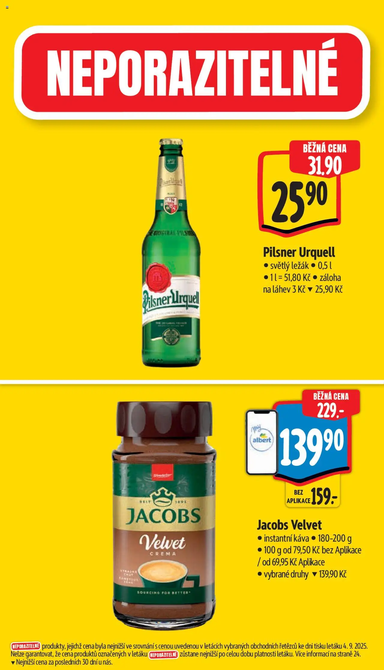 Albert leták - Supermarket od 10.09.2025 | Strana: 4 | Produkty: Instantní káva, Pilsner, Jacobs, Jacobs velvet