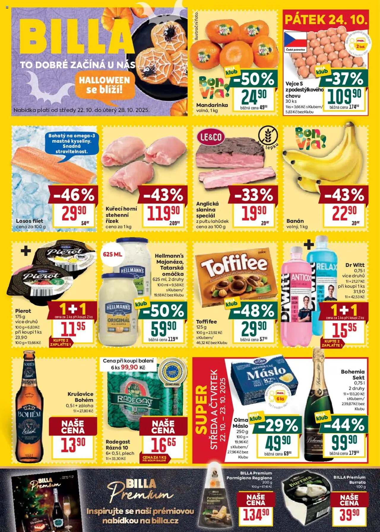 Billa Velký leták od 22.10.2025 | Strana: 1 | Produkty: Máslo, Vejce, Bohemia sekt, Slanina