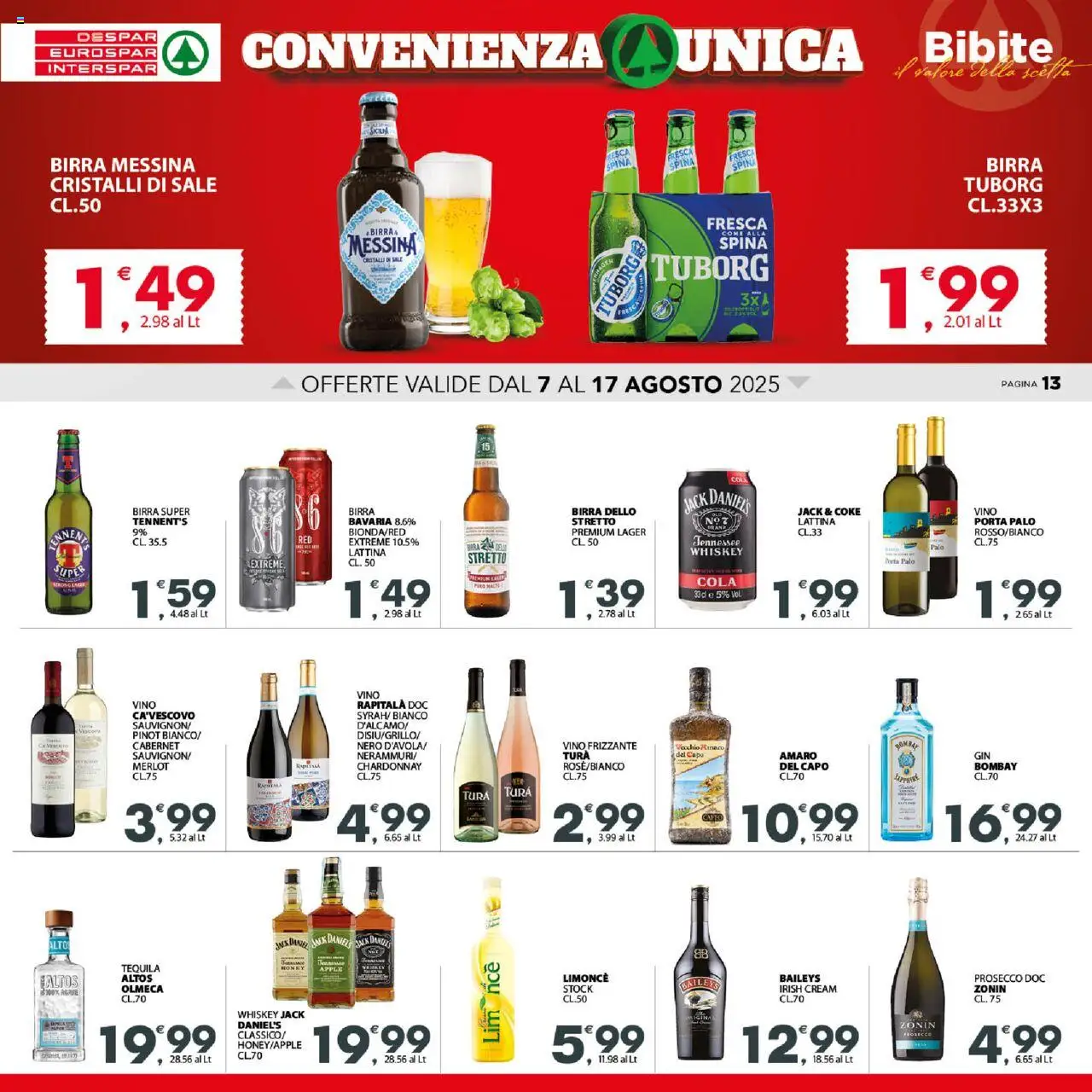 Volantino Interspar del 07.08.2025 | Pagina: 13 | Prodotti: Tennent's, Birra, Prosecco, Vino