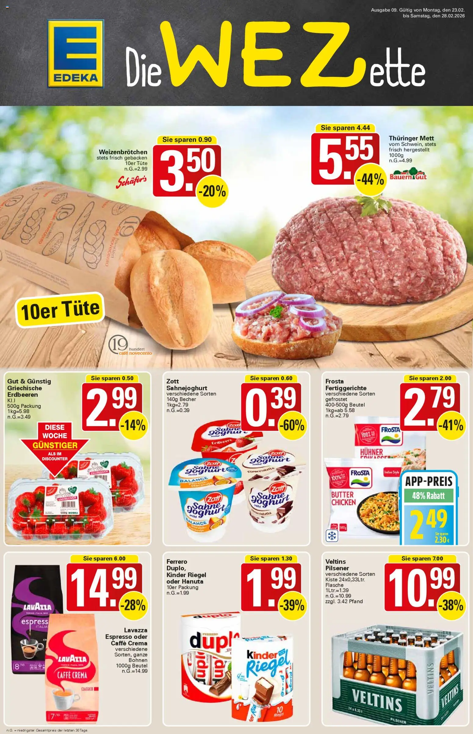 WEZ Prospekt – gültig ab 23.02.2026 | Seite: 1 | Produkte: Kinder riegel, Frosta, Erdbeeren, Veltins