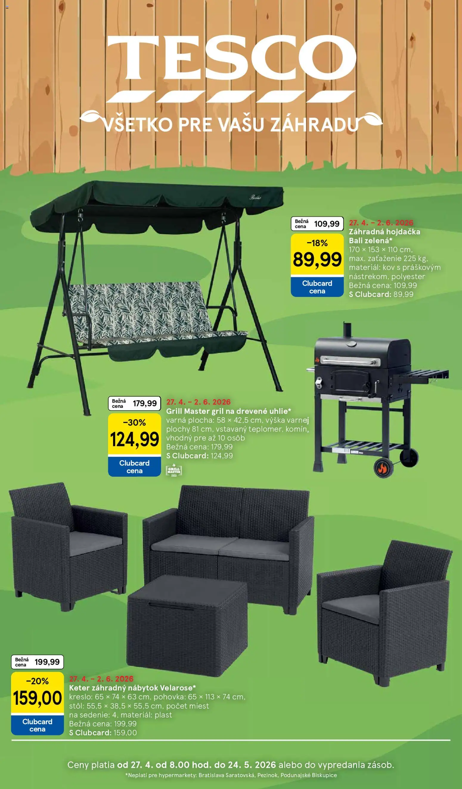 Nové Tesco akcie – leták je platný od 27.04.2026 | Strana: 1 | Produkty: Nábytok, Gril, Pohovka, Stôl