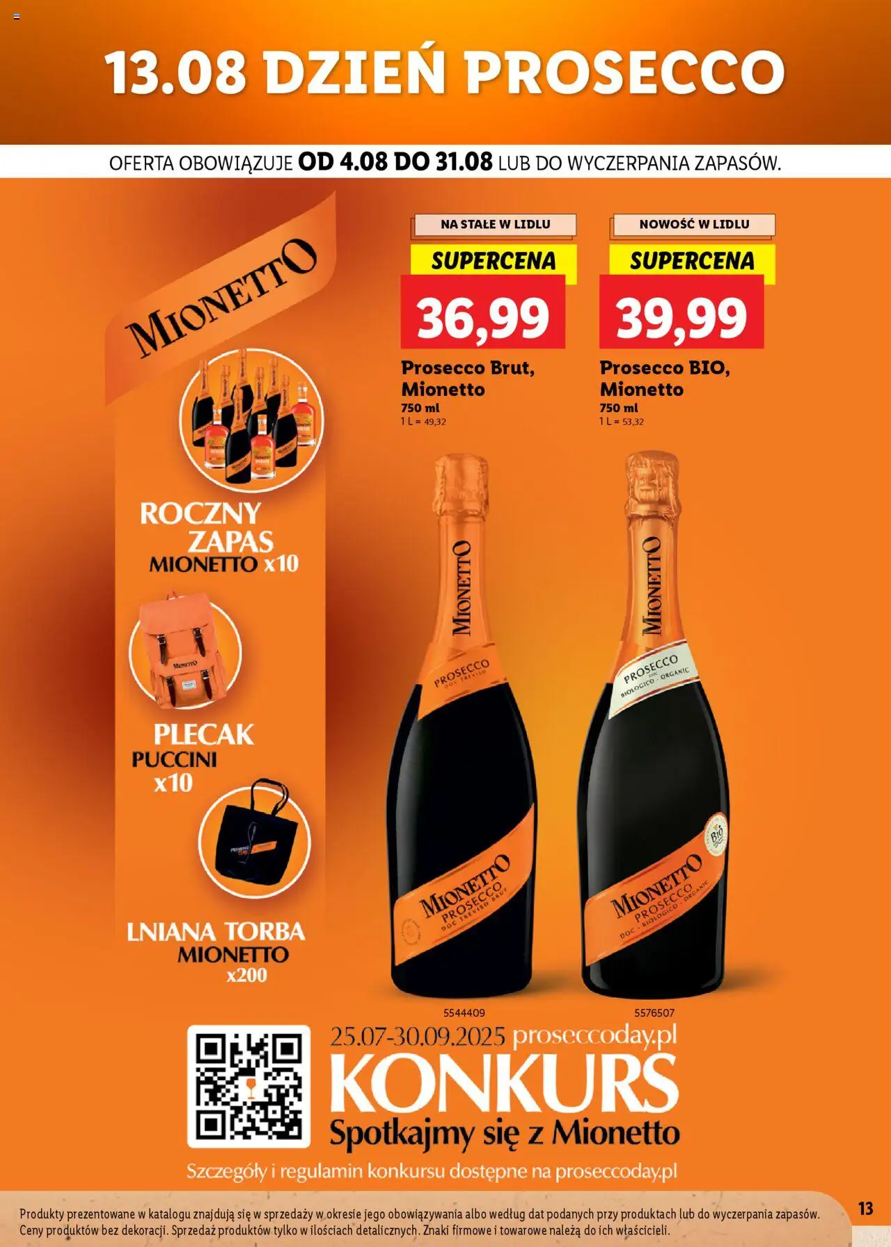 Lidl Katalog karta win od 04.08.2025 | Strona: 13 | Produkty: Plecak, Torba, Mionetto prosecco, Prosecco