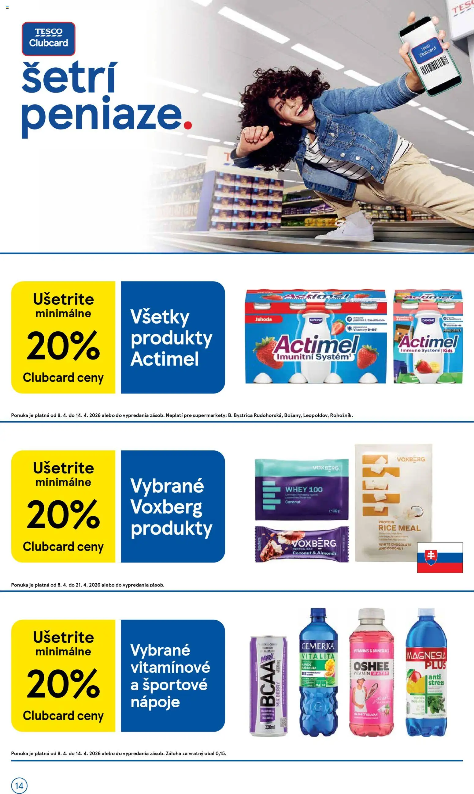 Nové Tesco akcie – leták je platný od 08.04.2026 | Strana: 14 | Produkty: Protein, Magnesia, Actimel, Gemerka