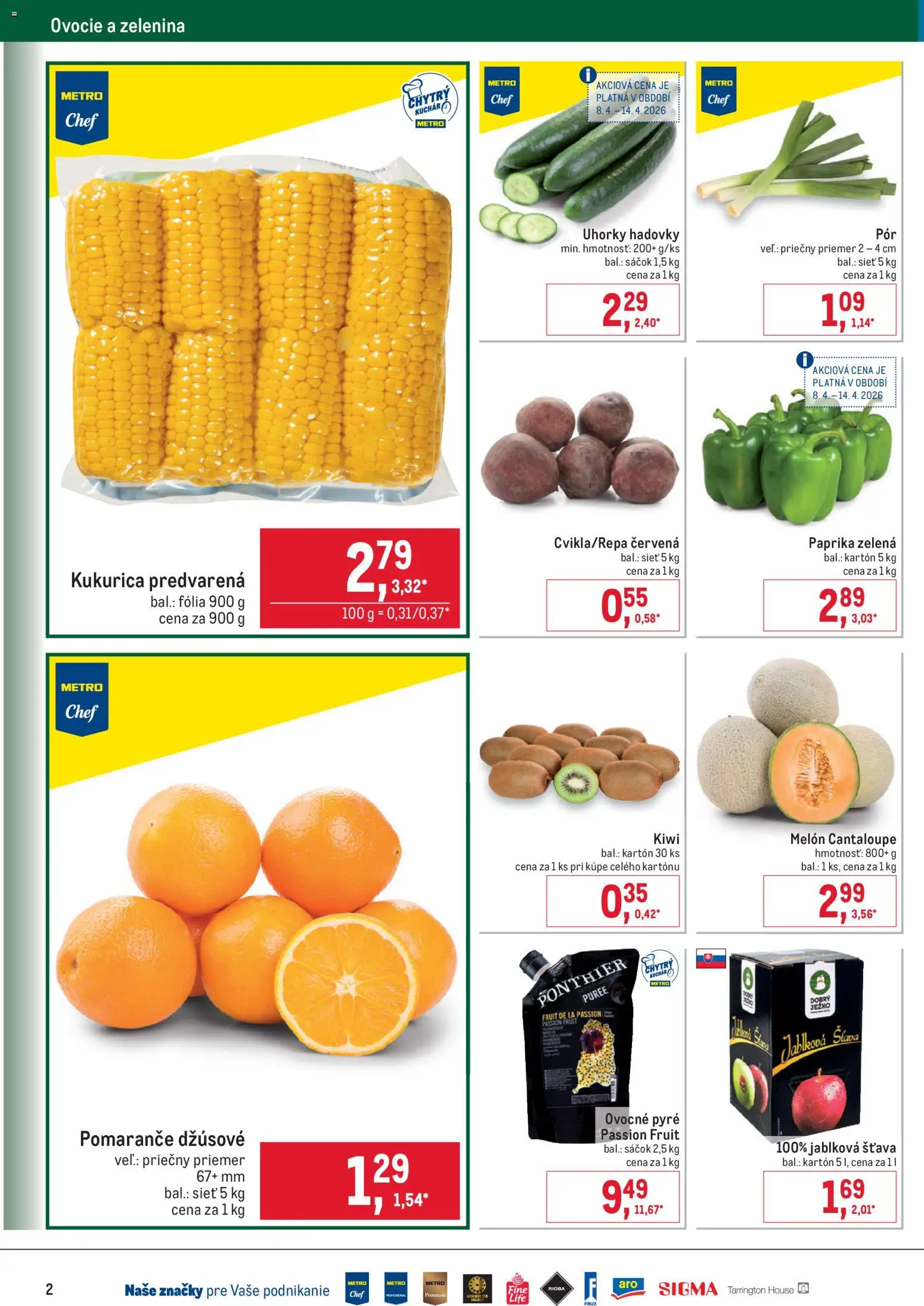 Nové Metro akcie – leták je platný od 08.04.2026 | Strana: 2 | Produkty: Pomaranče, Kiwi, Červená paprika, Kukurica