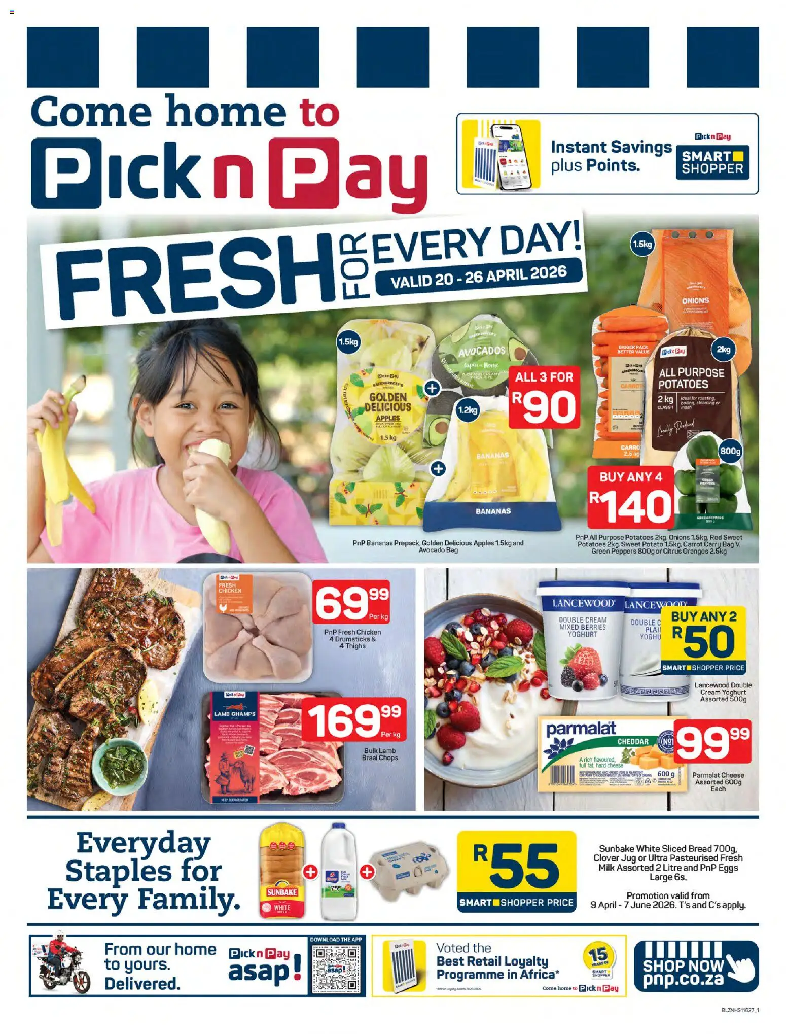 New Pick n Pay catalogue – valid from 20.04.2026 | Page: 1 | Products: Yoghurt, Eggs, Bananas, Onions