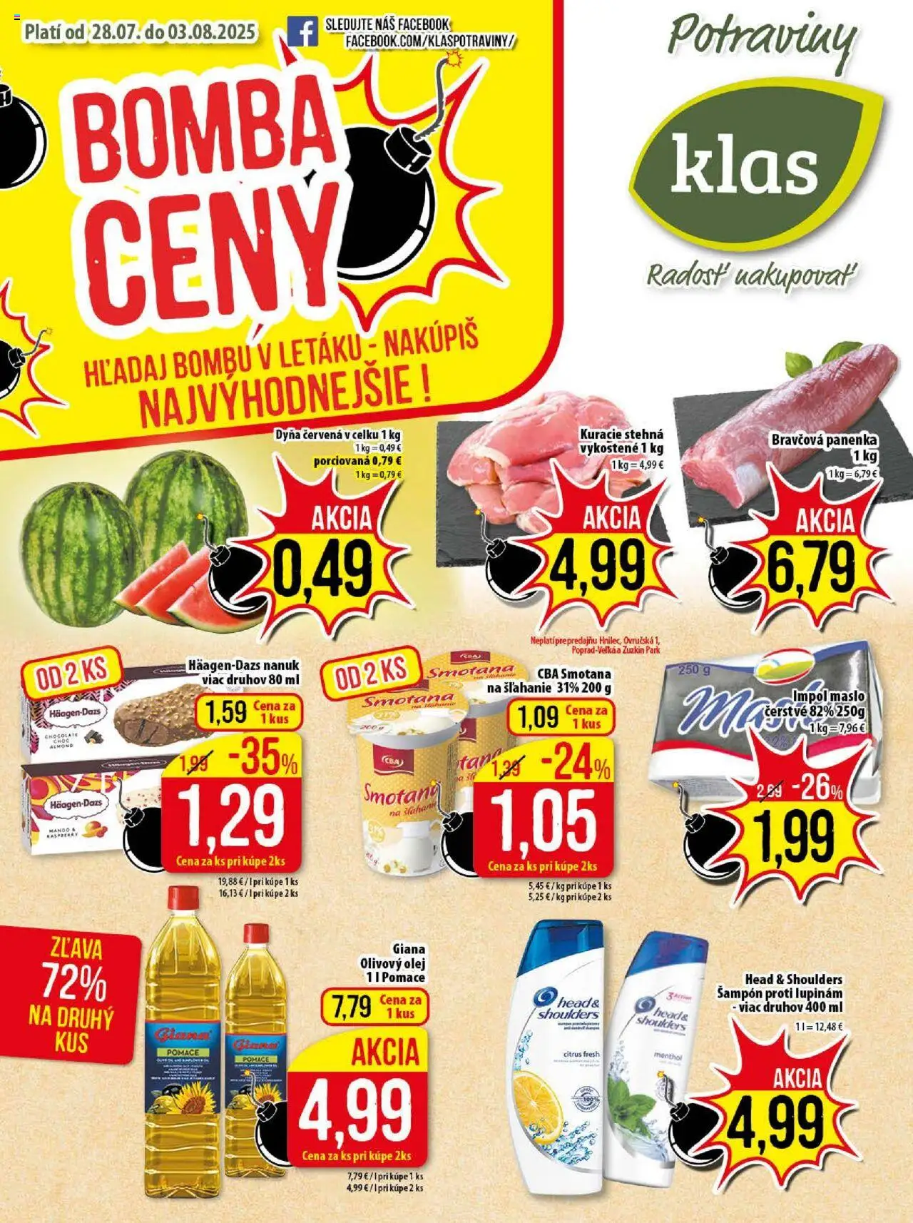 Klas leták │ platný od 28.07.2025 | Strana: 1 | Produkty: Olej, Smotana, Bravčová panenka, Head & Shoulders