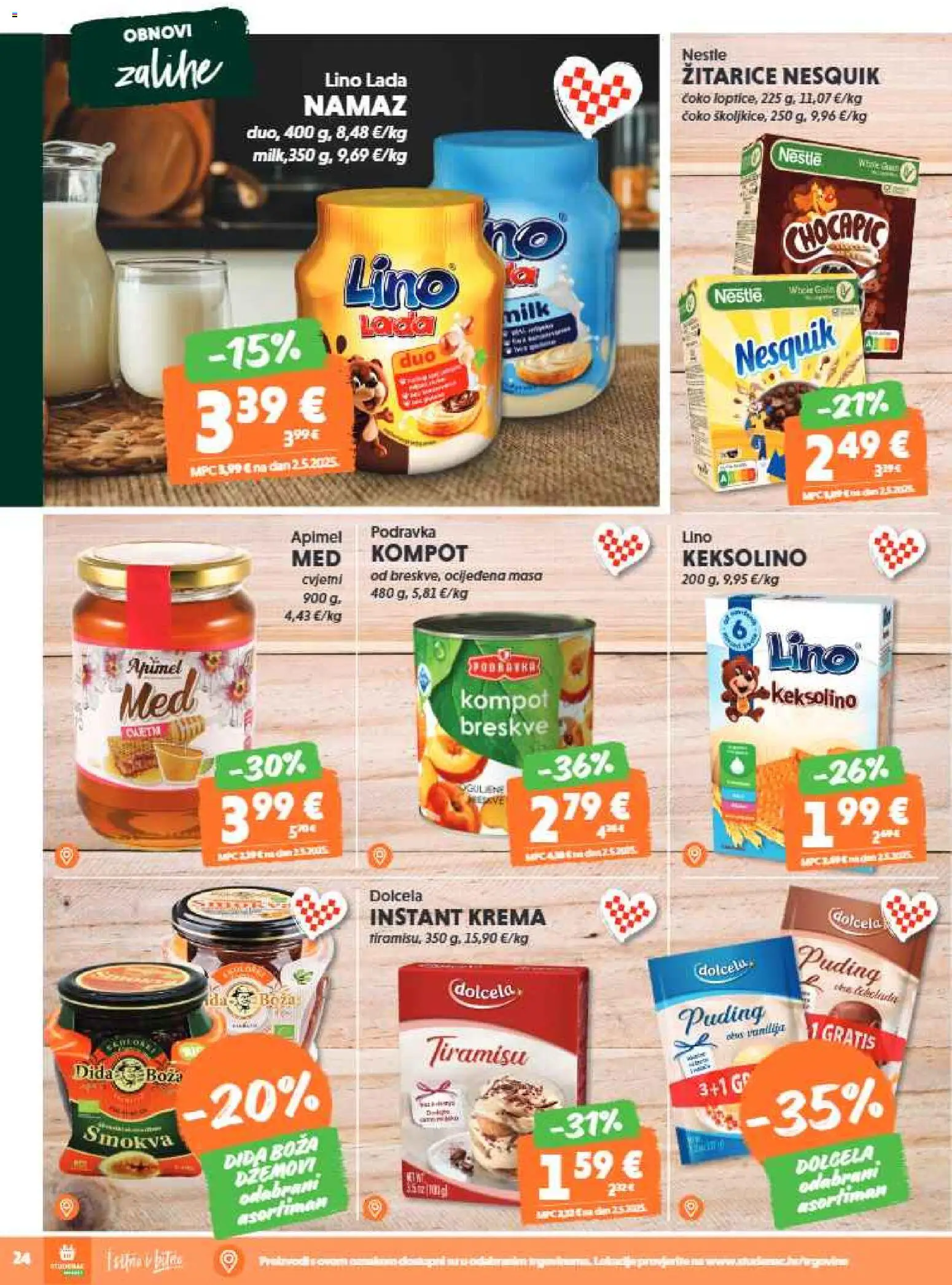 Studenac katalog | vrijedi od 25.03.2026 | Stranica: 24 | Proizvodi: Lino Lada, Žitarice, Nesquik, Kompot