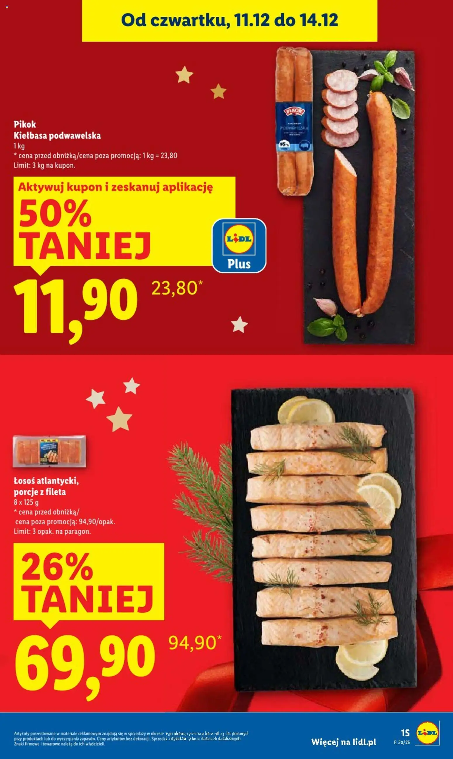 Lidl Gazetka od 11.12.2025 | Strona: 15 | Produkty: Kiełbasa, Łosoś, Kiełbasa podwawelska