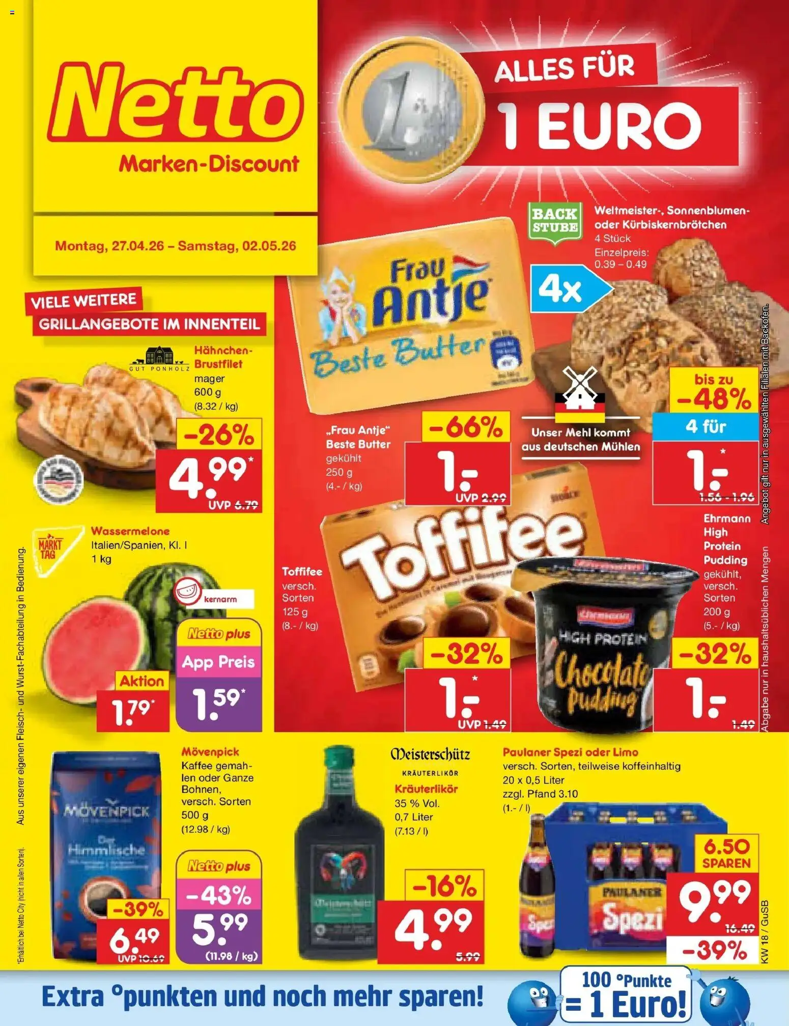 Netto Marken-Discount Prospekt Machern	 – gültig ab 27.04.2026 | Seite: 1 | Produkte: Butter, Toffifee, Wassermelone, Paulaner