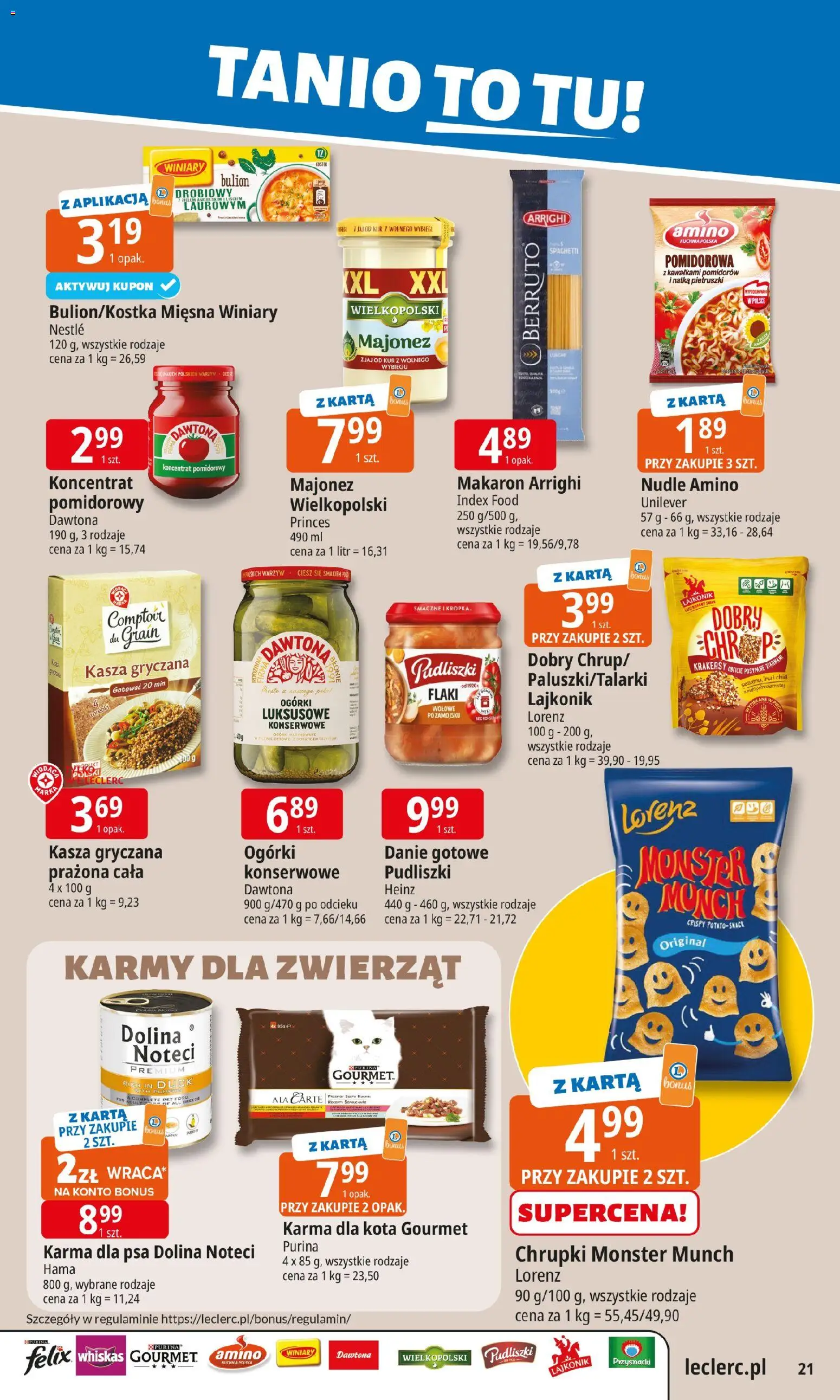 E.Leclerc Gazetka - Zielona Góra od 19.01.2026 | Strona: 21 | Produkty: Karta, Kasza gryczana, Karma dla psa, Makaron