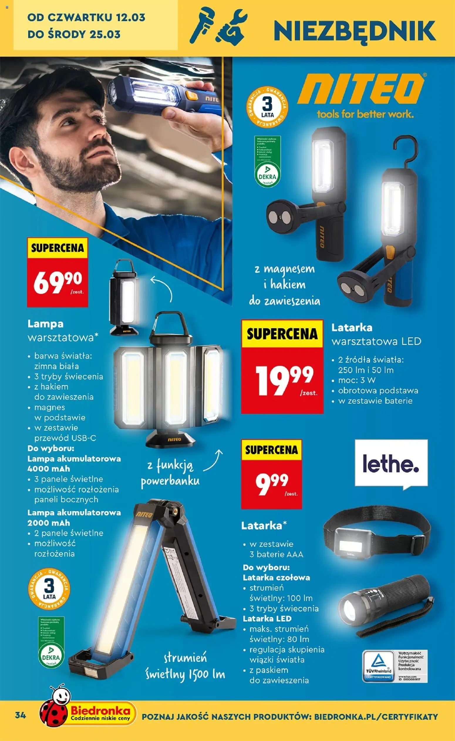 Biedronka gazetka - Hity i inspiracje od 07.03.2026 | Strona: 34 | Produkty: Baterie, Latarka warsztatowa LED, Lampa, Latarka czołowa