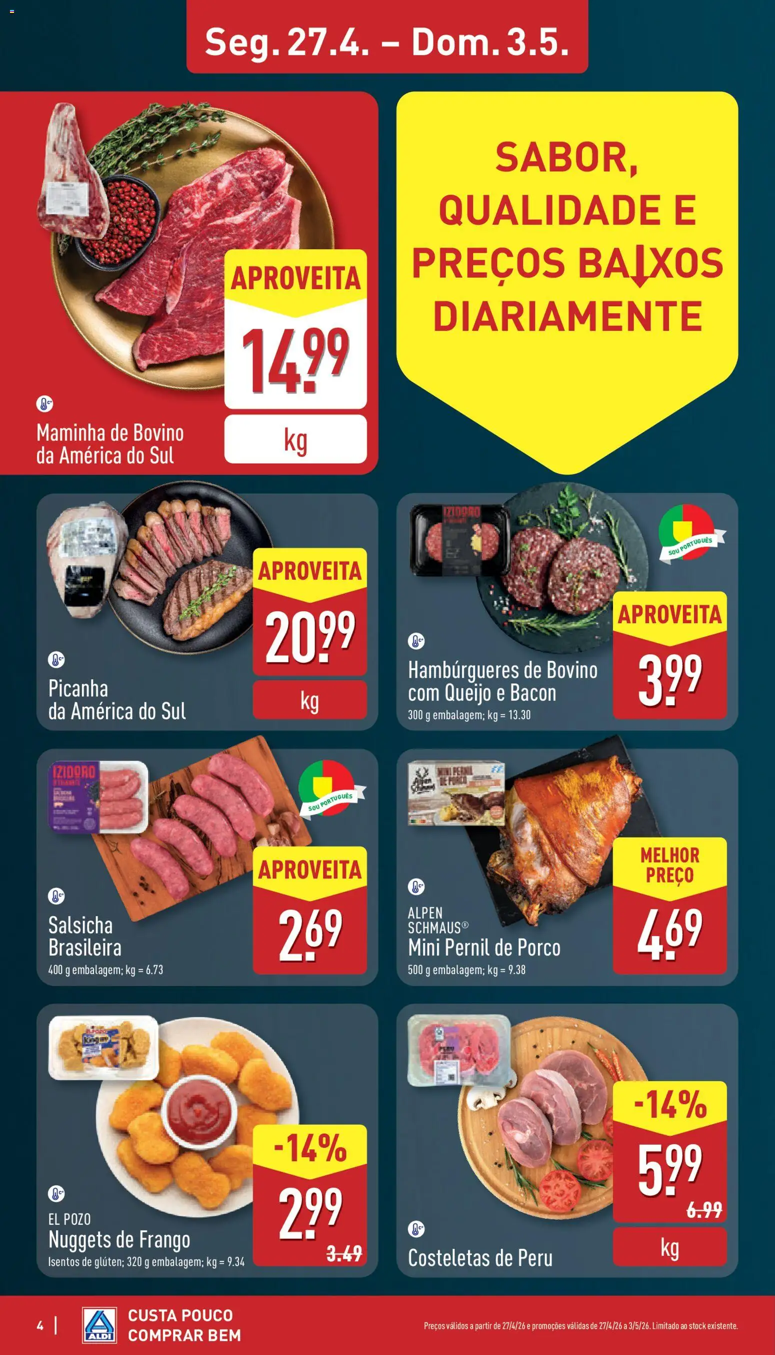 Aldi folheto │ válido de 27.04.2026 | Página: 4 | Produtos: Nuggets de frango, Frango, Peru, Salsicha
