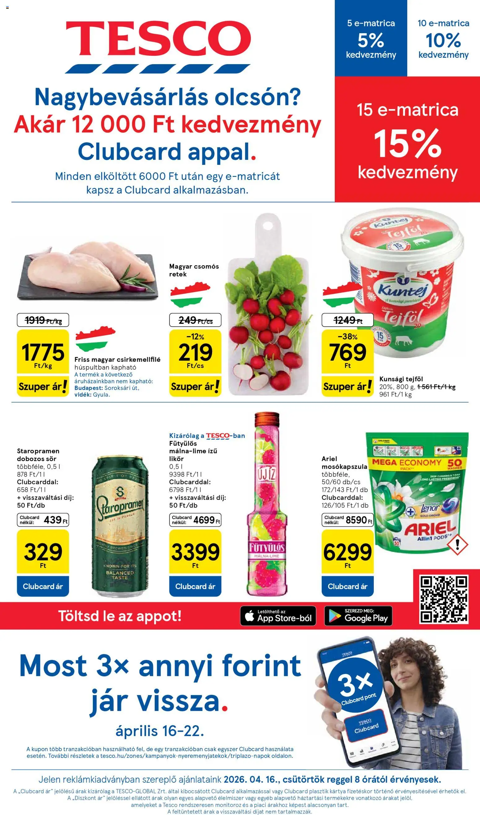 Tesco akciós ujság - amely érvényes a következő dátumtól: 16.04.2026 | Oldal: 1 | Termékek: Mosókapszula, Dobozos sör, Sör, Tejföl