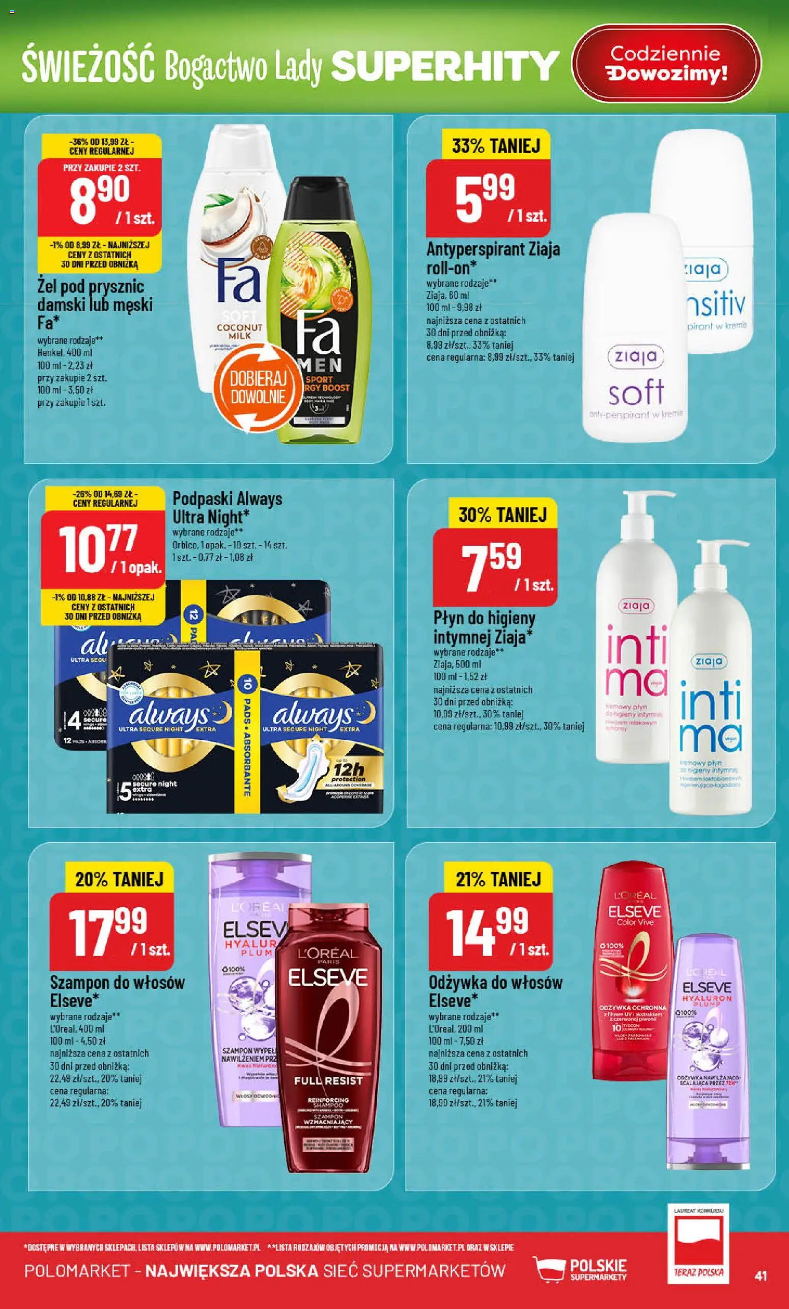 POLOmarket Gazetka od 18.02.2026 | Strona: 41 | Produkty: Podpaski always, Szampon, Odżywka, Antyperspirant