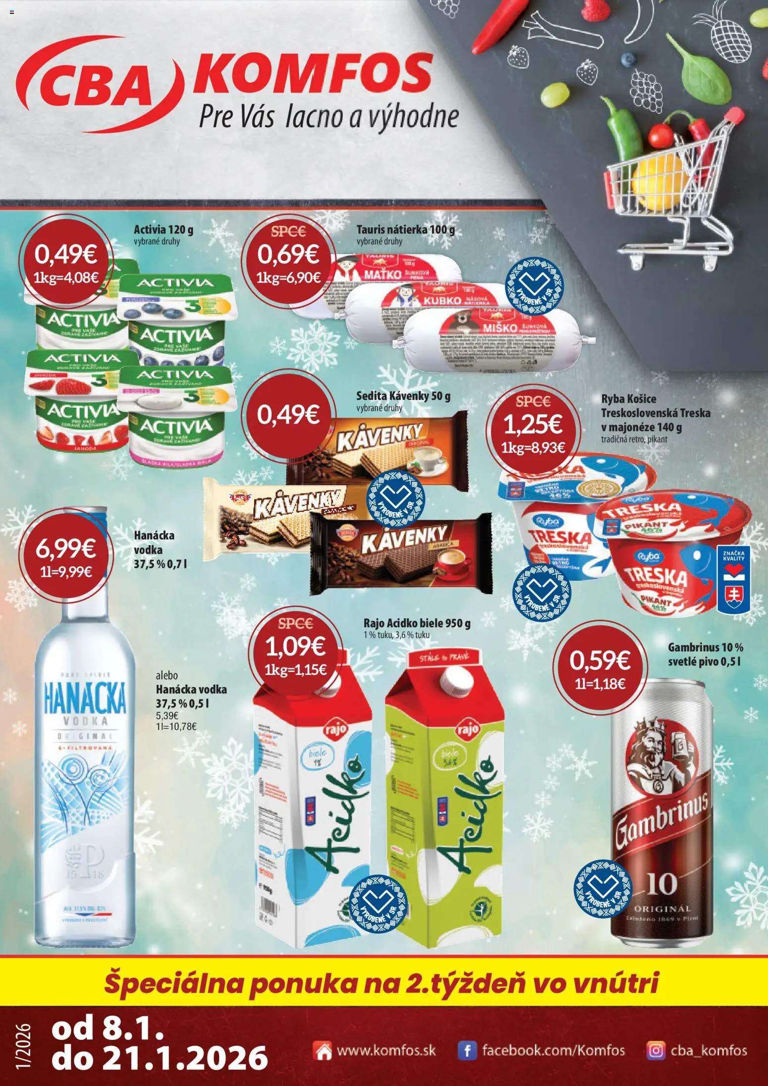 Nové CBA Komfos akcie – leták je platný od 08.01.2026 | Strana: 1 | Produkty: Pivo, Ryba, Acidko, Gambrinus