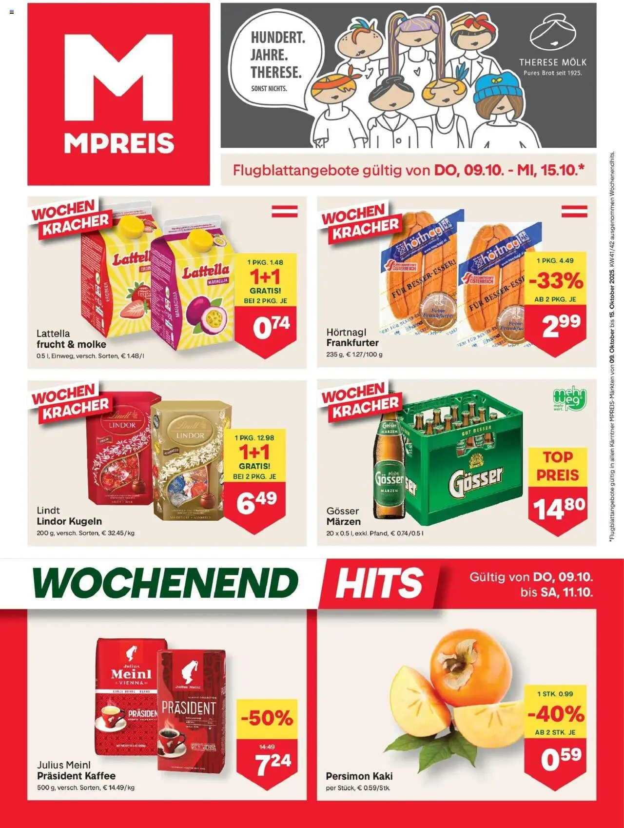 MPREIS Velden gültig ab 09.10.2025 | Seite: 1 | Produkte: Kaki, Brot, Kaffee