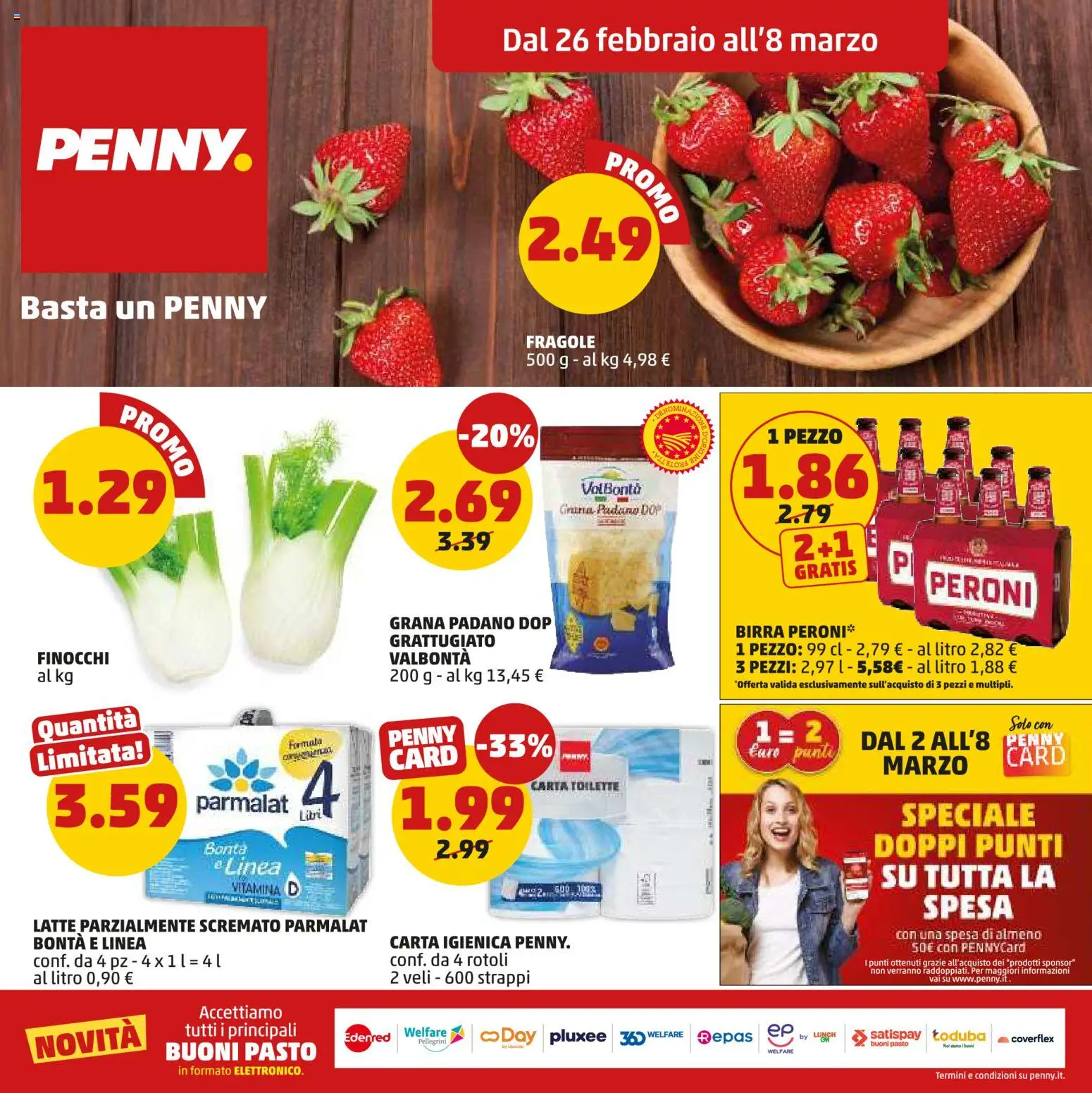 Volantino PENNY del 26.02.2026 | Pagina: 1 | Prodotti: Fragole, Latte, Grana Padano, Latte parzialmente scremato