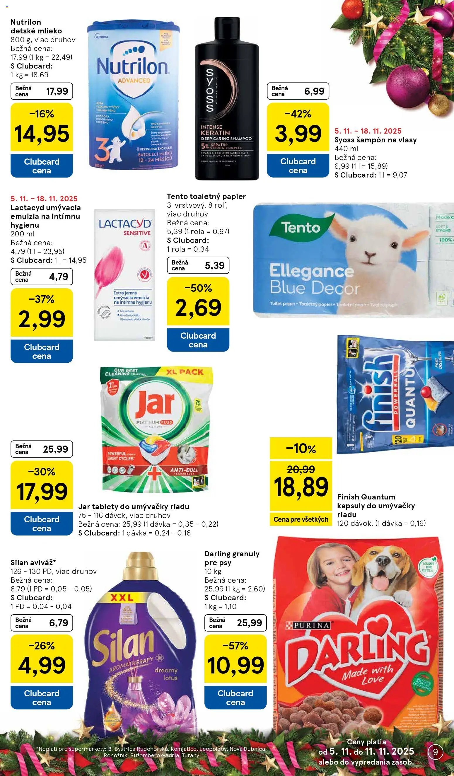 Nové Tesco akcie – leták je platný od 05.11.2025 | Strana: 9 | Produkty: Silan, Nutrilon, Šampón, Kapsuly do umývačky riadu