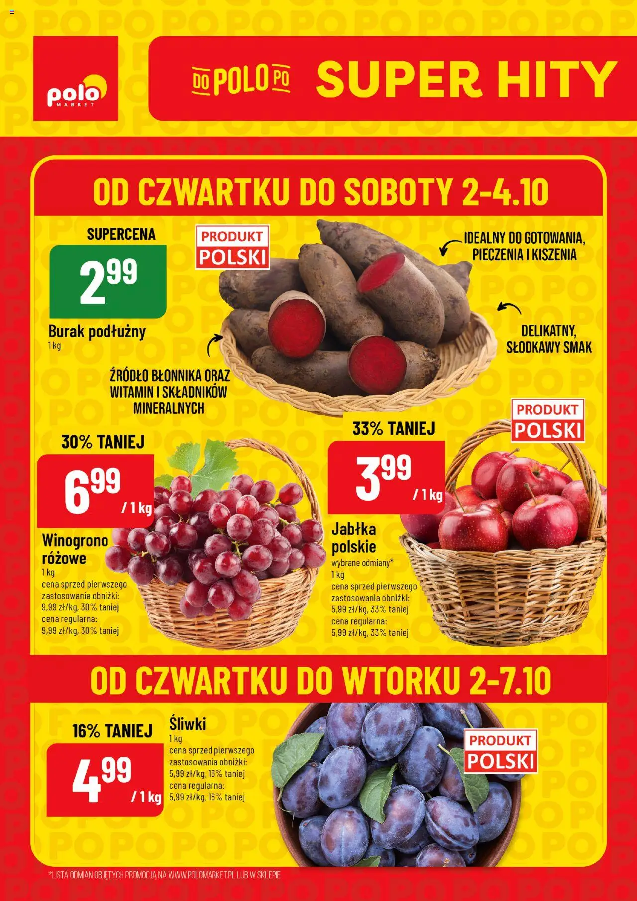 POLOmarket Gazetka - Super Hity od 02.10.2025 | Strona: 1 | Produkty: Burak, Winogrono, Śliwki, Jabłka