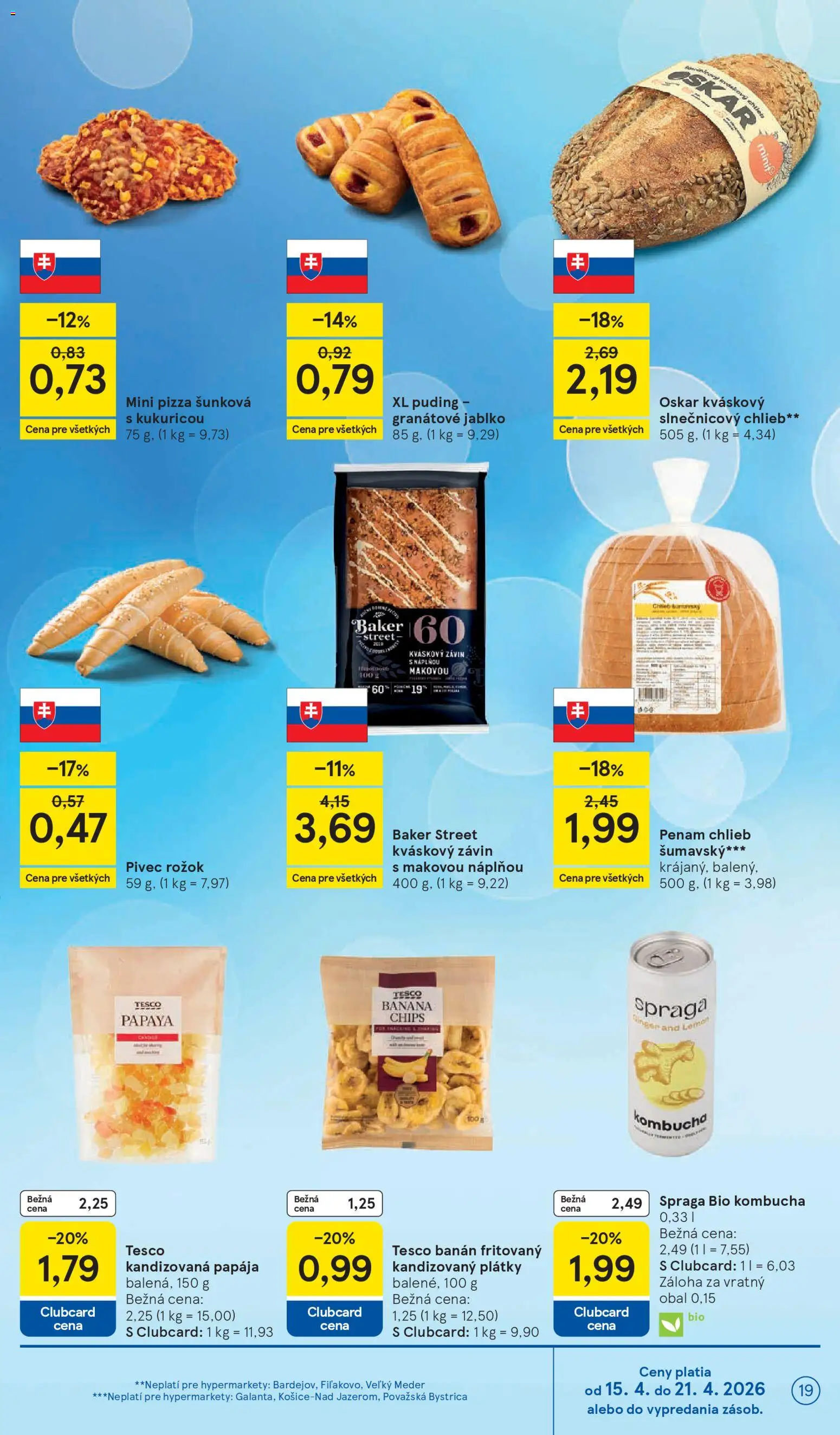 Nové Tesco akcie – leták je platný od 15.04.2026 | Strana: 19 | Produkty: Chlieb, Pizza, Rožok, Puding