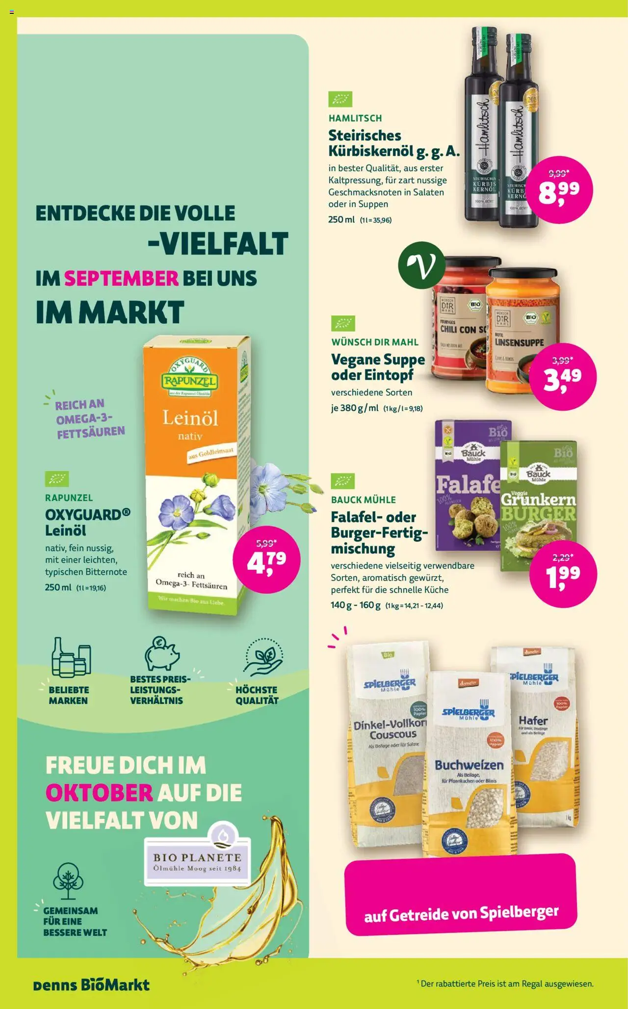 BioMarkt Prospekt – gültig ab 24.09.2025 | Seite: 8 | Produkte: Leinöl, Regal, Burger, Pfannkuchen