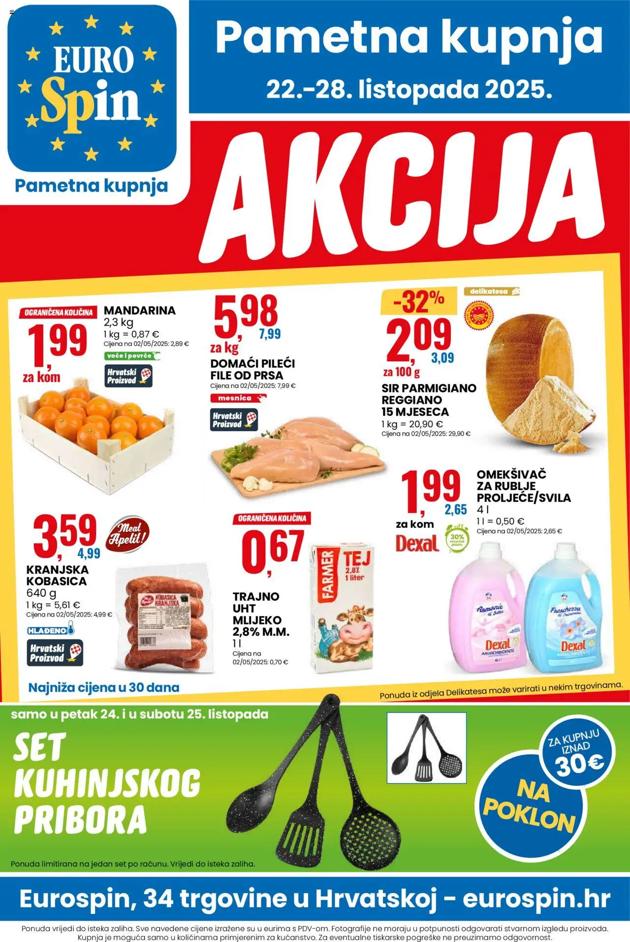 Eurospin katalog | vrijedi od 22.10.2025 | Stranica: 1 | Proizvodi: Mlijeko, Omekšivač, Povrće, Kobasica
