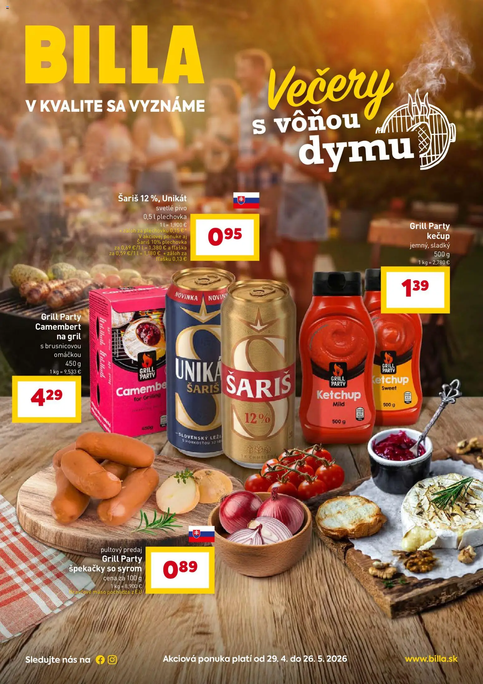 Nové Billa akcie – leták je platný od 29.04.2026 | Strana: 1 | Produkty: Gril, Pivo, Šariš, Kečup