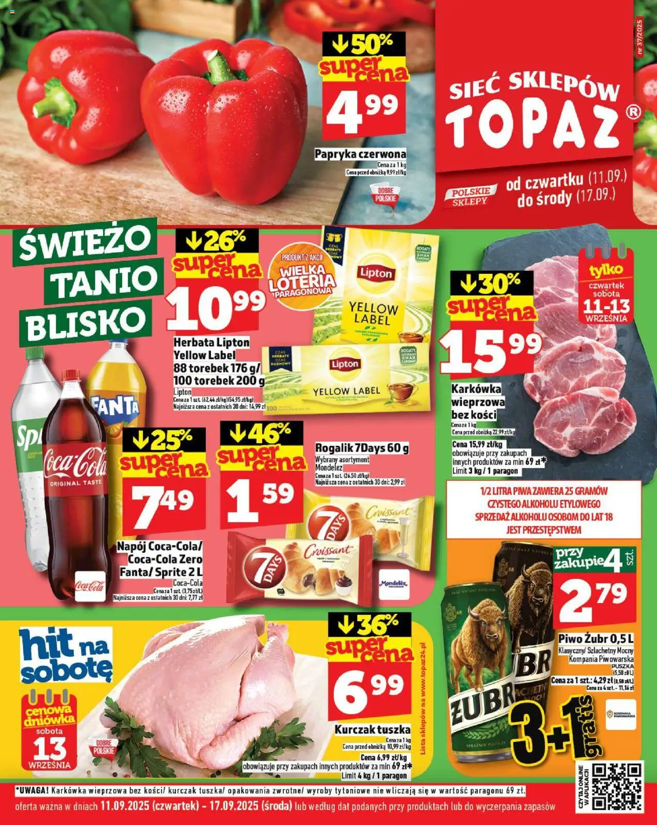Topaz Gazetka MAZ od 11.09.2025 | Strona: 1 | Produkty: Karkówka, Sprite, Herbata lipton, Piwo