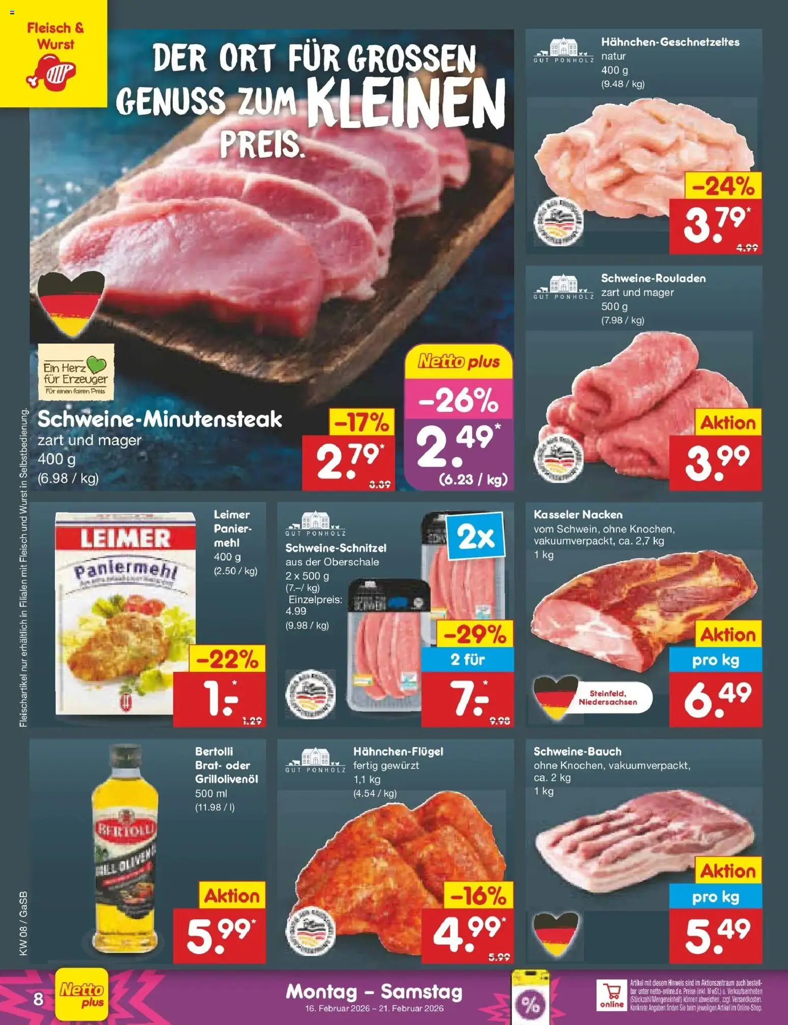 Netto Marken-Discount - Netto: Wochenangebote – gültig ab 15.02.2026 | Seite: 8 | Produkte: Mehl, Schweinebauch, Kasseler nacken, Fleisch