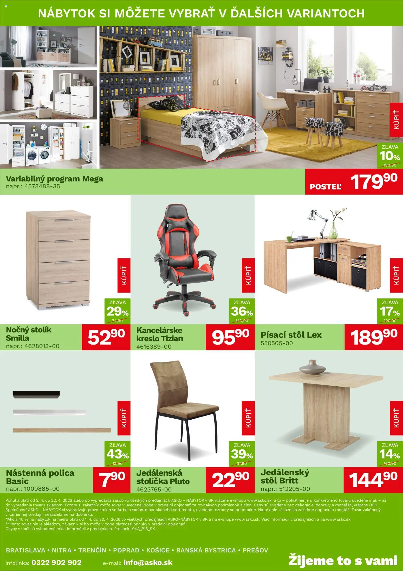 Nové ASKO nábytok akcie – leták je platný od 02.04.2026 | Strana: 4 | Produkty: Nábytok, Nočný stolík, Stôl, Písací stôl