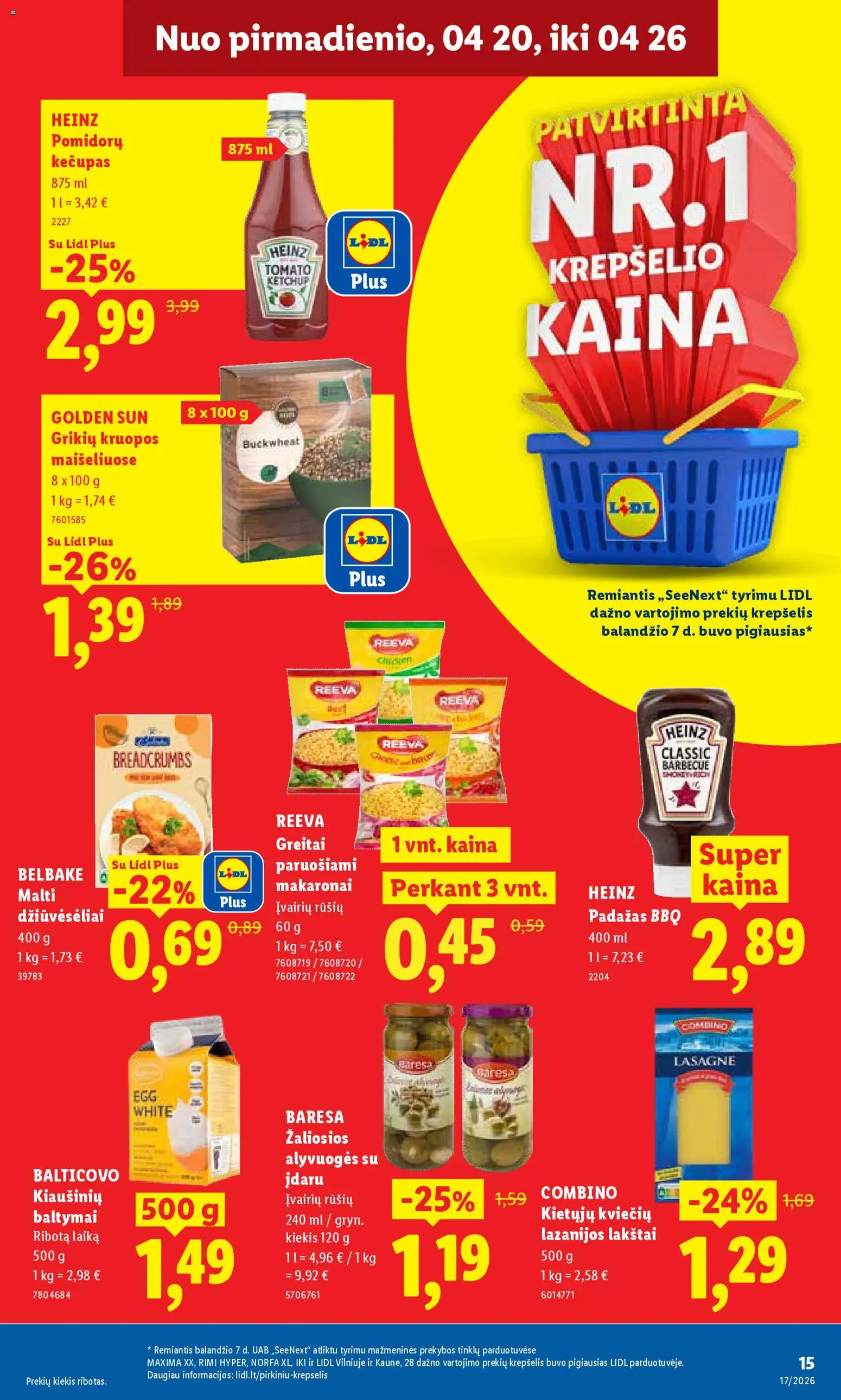 LIDL akcijos nuo 20.04.2026 | Puslapis: 15 | Prekių: Kruopos, Krepšelis, Makaronai, Kečupas