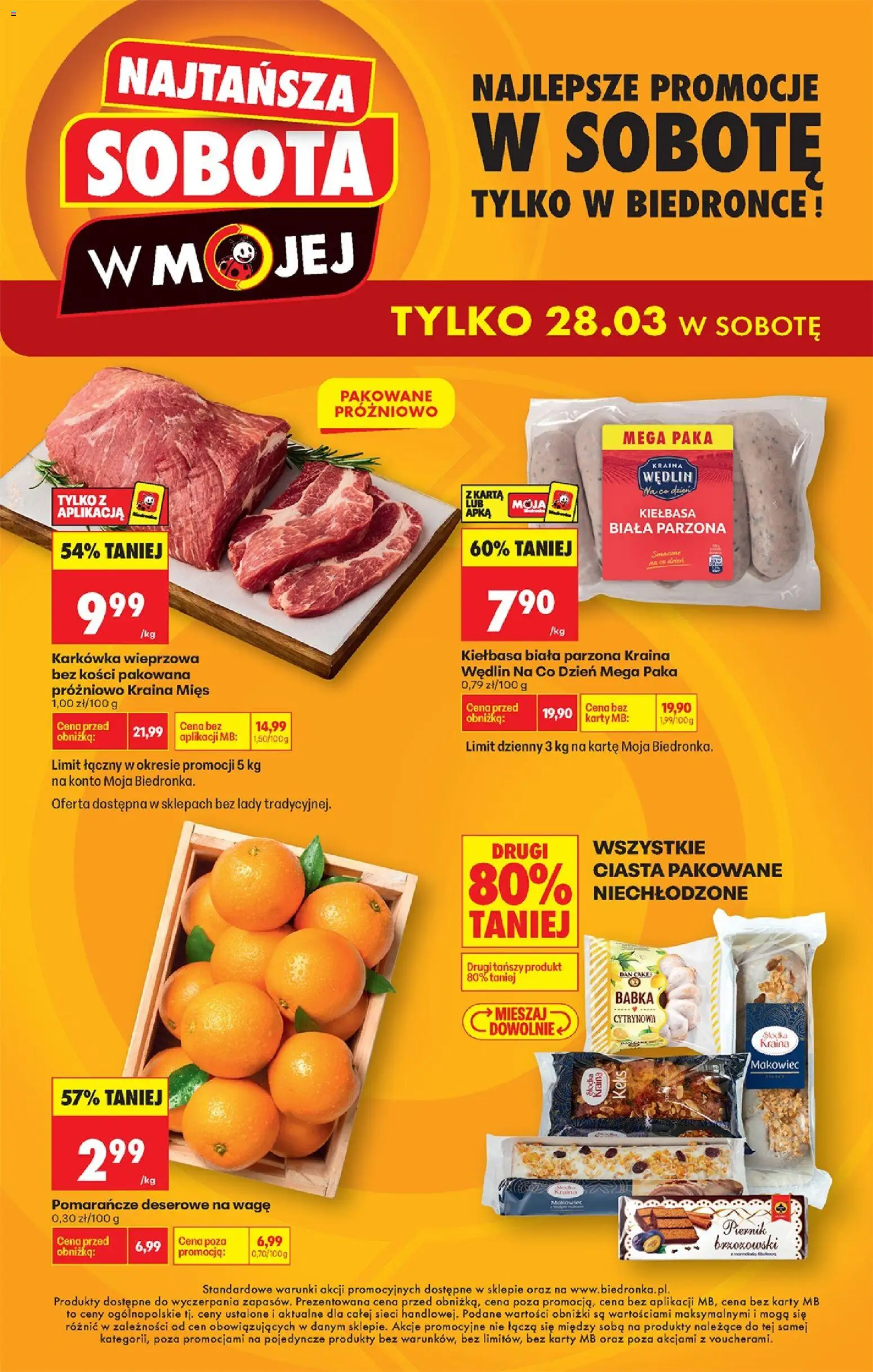 Biedronka gazetka - Najtańsza sobota od 28.03.2026 | Strona: 1 | Produkty: Kiełbasa, Karta, Piernik, Pomarańcze