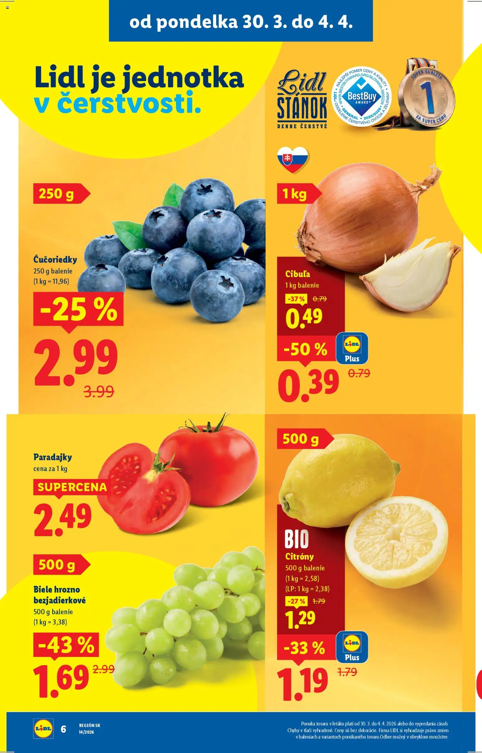 Nové Lidl akcie – leták je platný od 30.03.2026 | Strana: 6 | Produkty: Citróny, Čučoriedky, Cibuľa, Hrozno