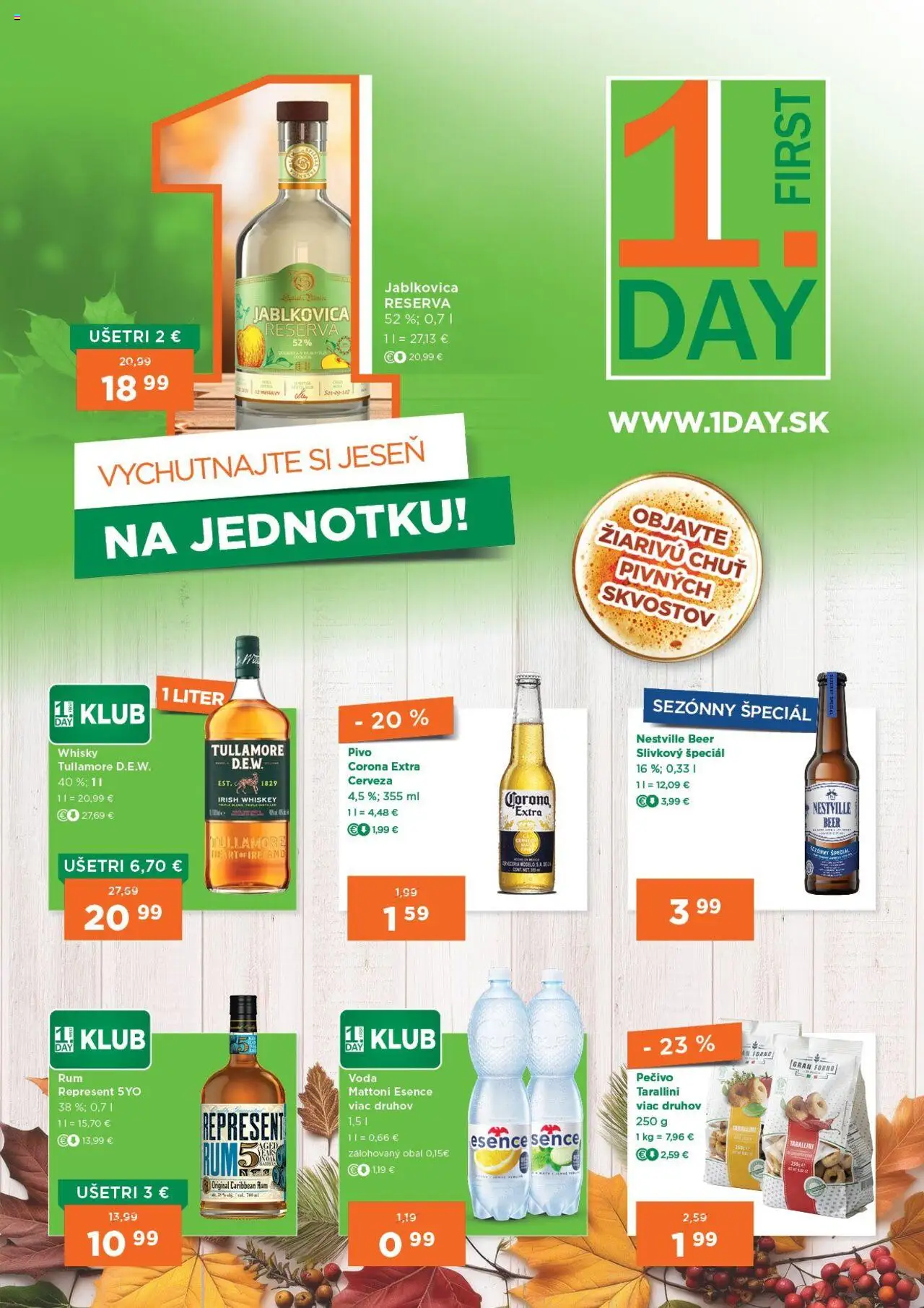 Nové 1day akcie – leták je platný od 25.09.2025 | Strana: 1 | Produkty: Pivo, Whisky, Voda, Rum