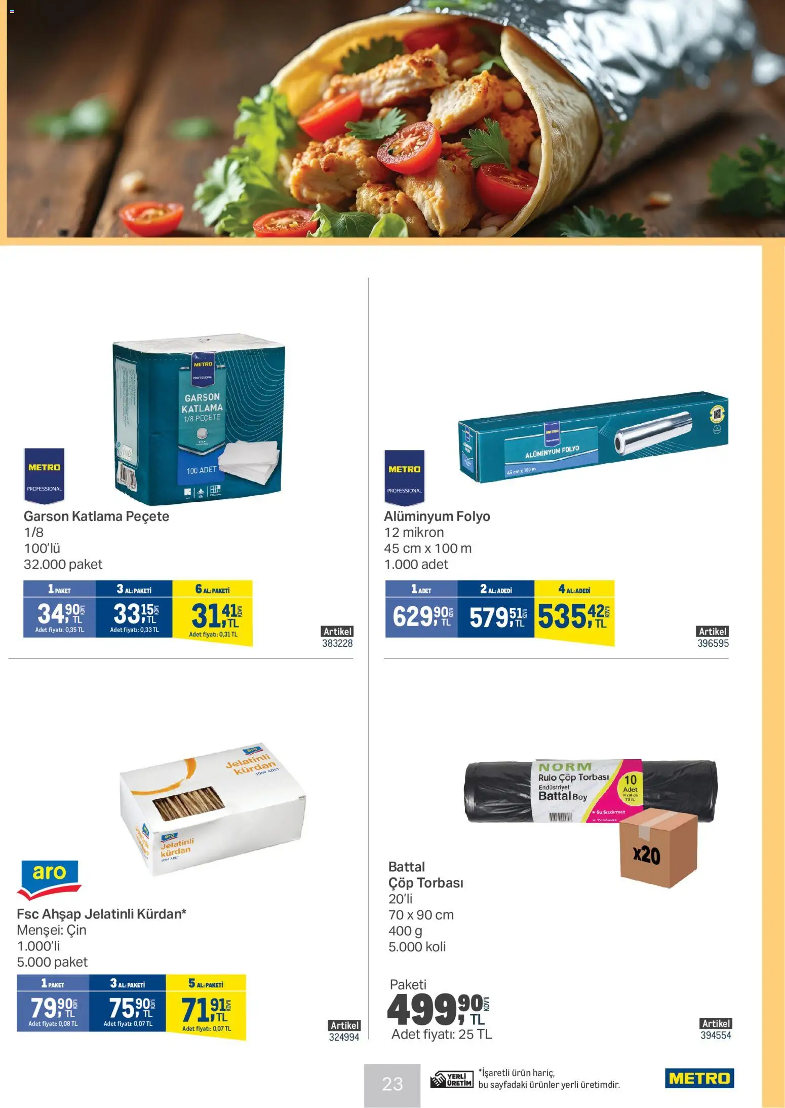 Metro - Et Tavuk ve Köfte Restoranları - 14.01.2026 tarihinden itibaren geçerlidir | Sayfa: 23 | Ürünler: Çöp torbası, Cin, Su