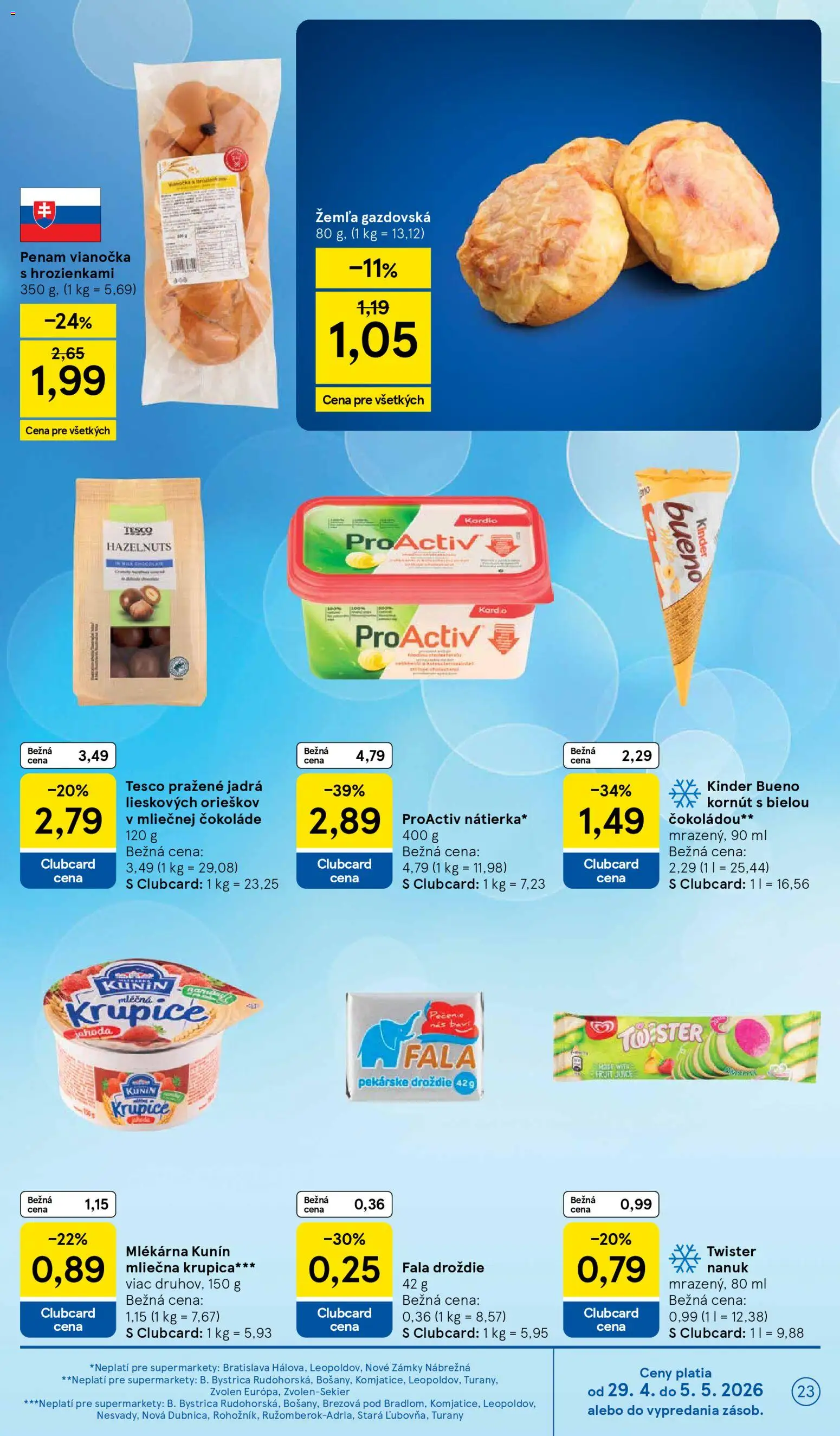 Nové Tesco akcie – leták je platný od 29.04.2026 | Strana: 23 | Produkty: Vianočka, Kinder, Kinder Bueno, Nanuk